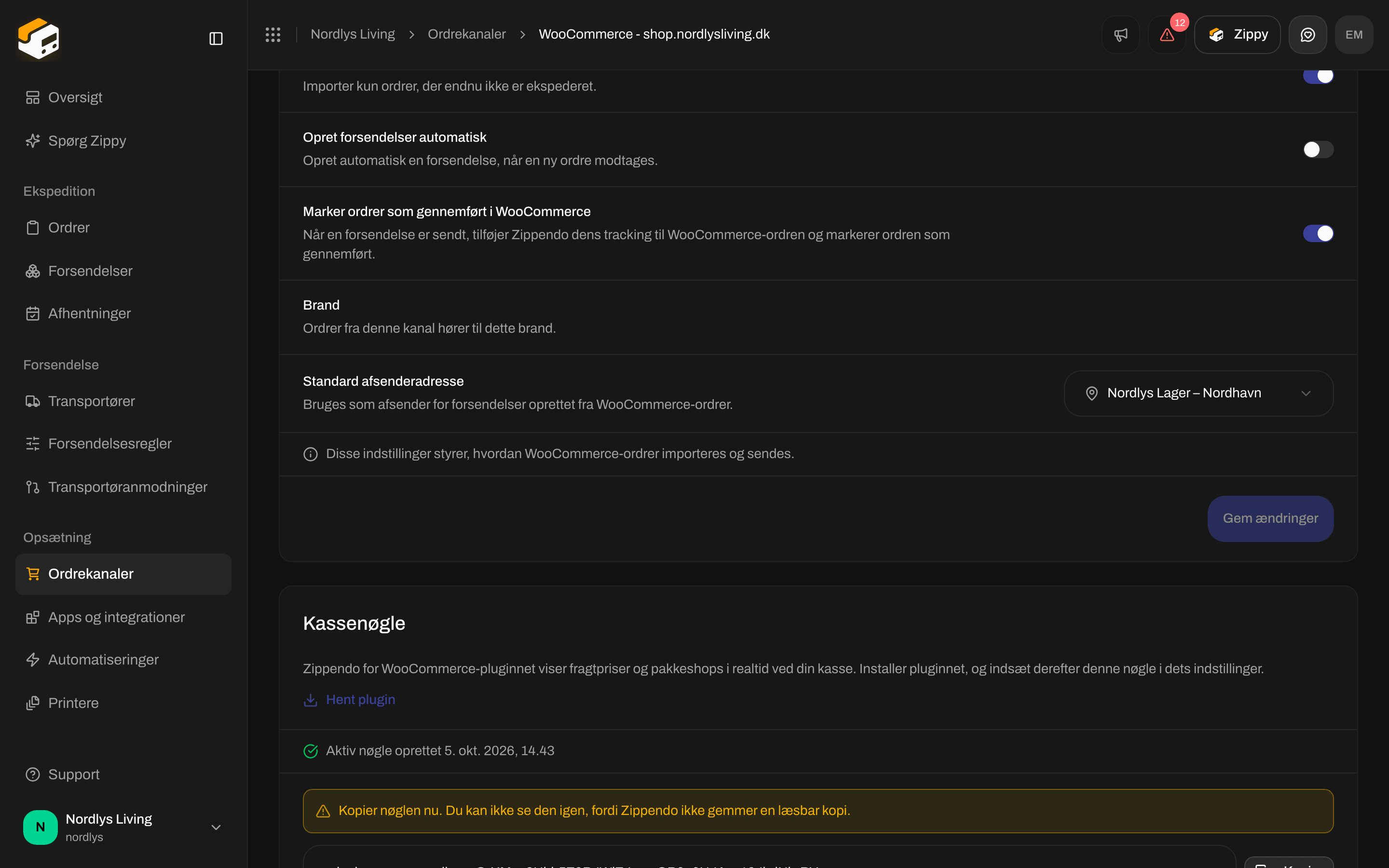 Kortet Kassenøgle med engangsadvarslen, zck_-nøglen, Kopier, Tilbagekald og Erstat nøgle