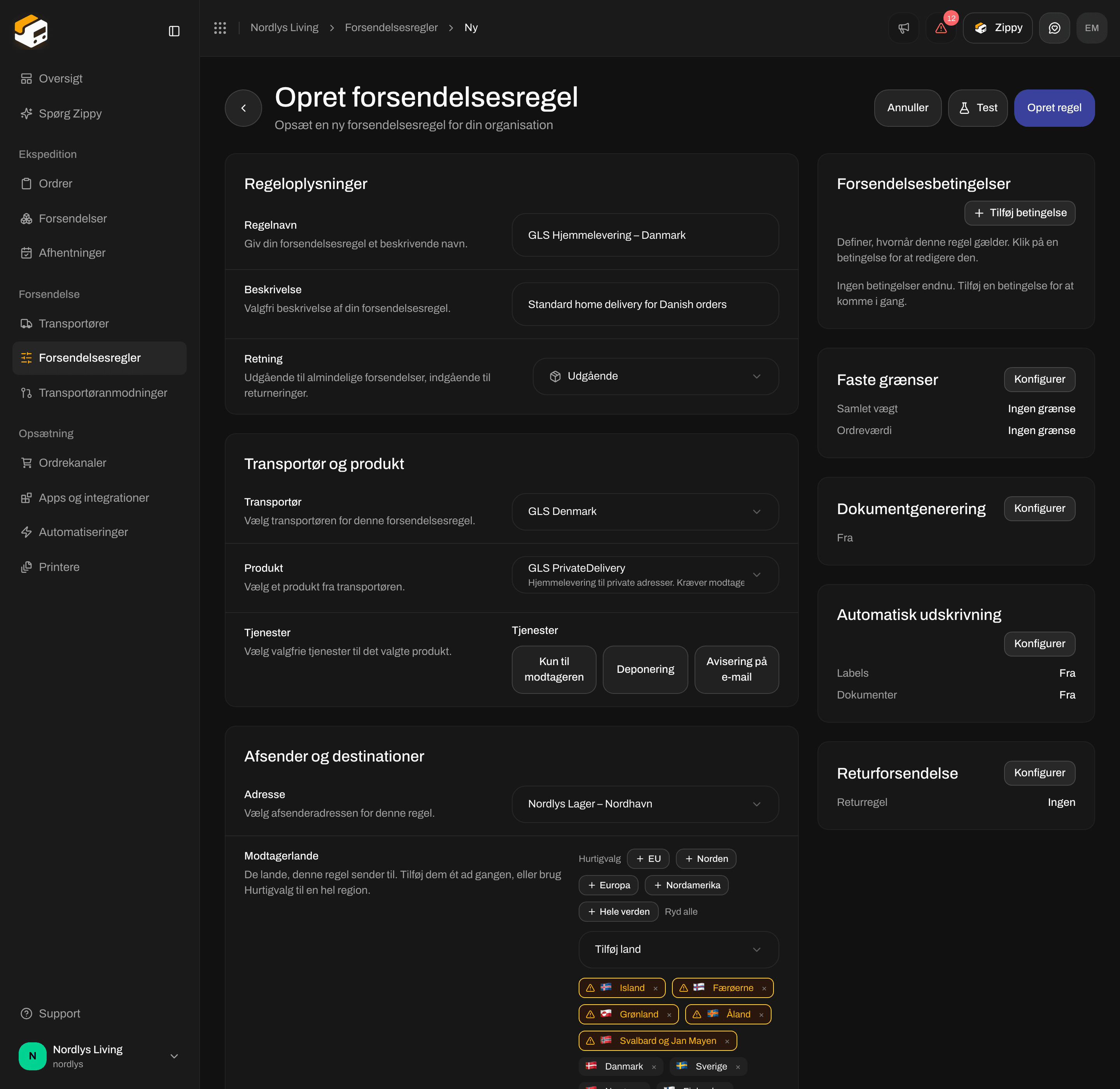 Formularen Opret forsendelsesregel med GLS Denmark, GLS PrivateDelivery og Norden som lande