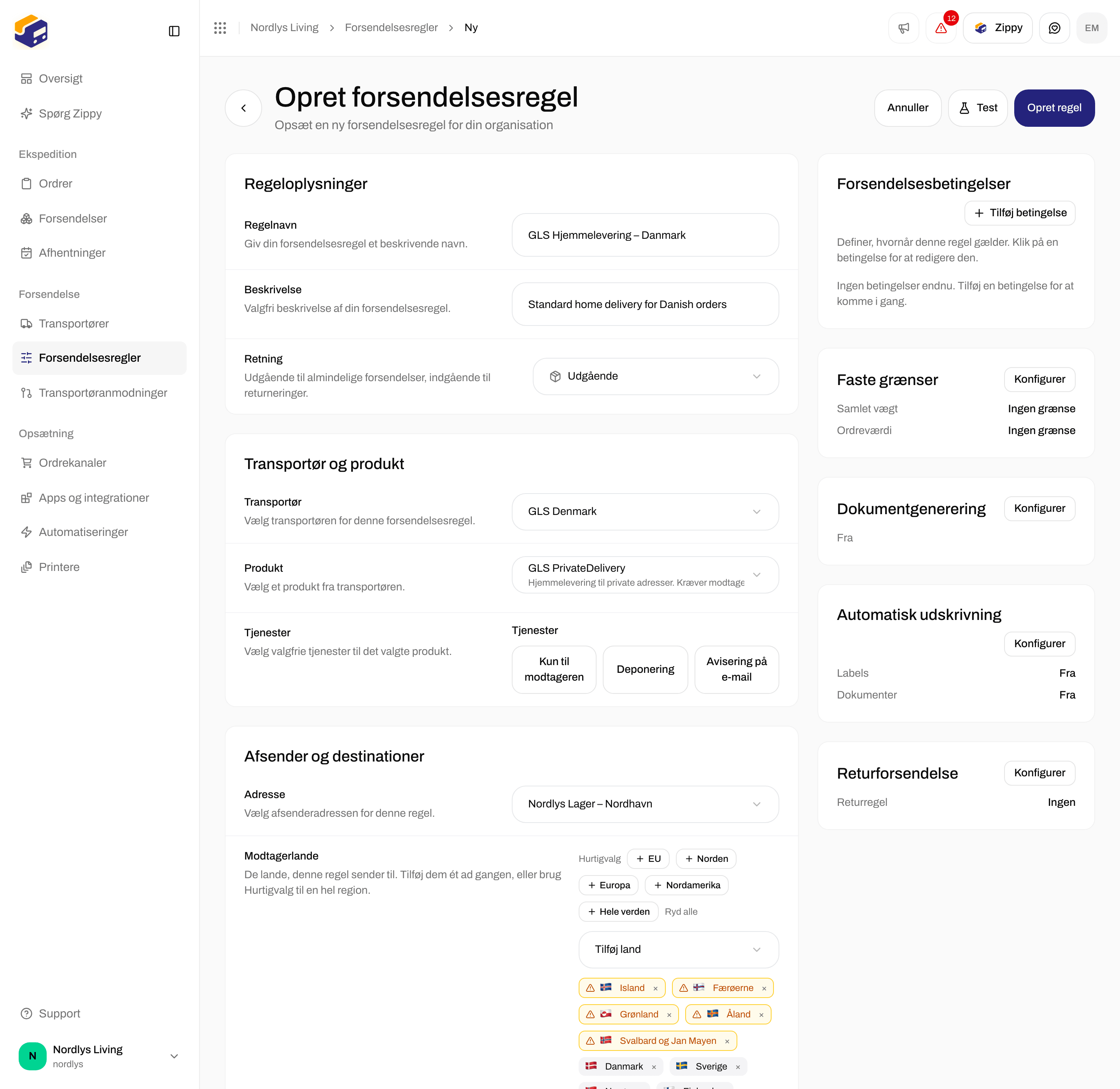 Formularen Opret forsendelsesregel med GLS Denmark, GLS PrivateDelivery og Norden som lande