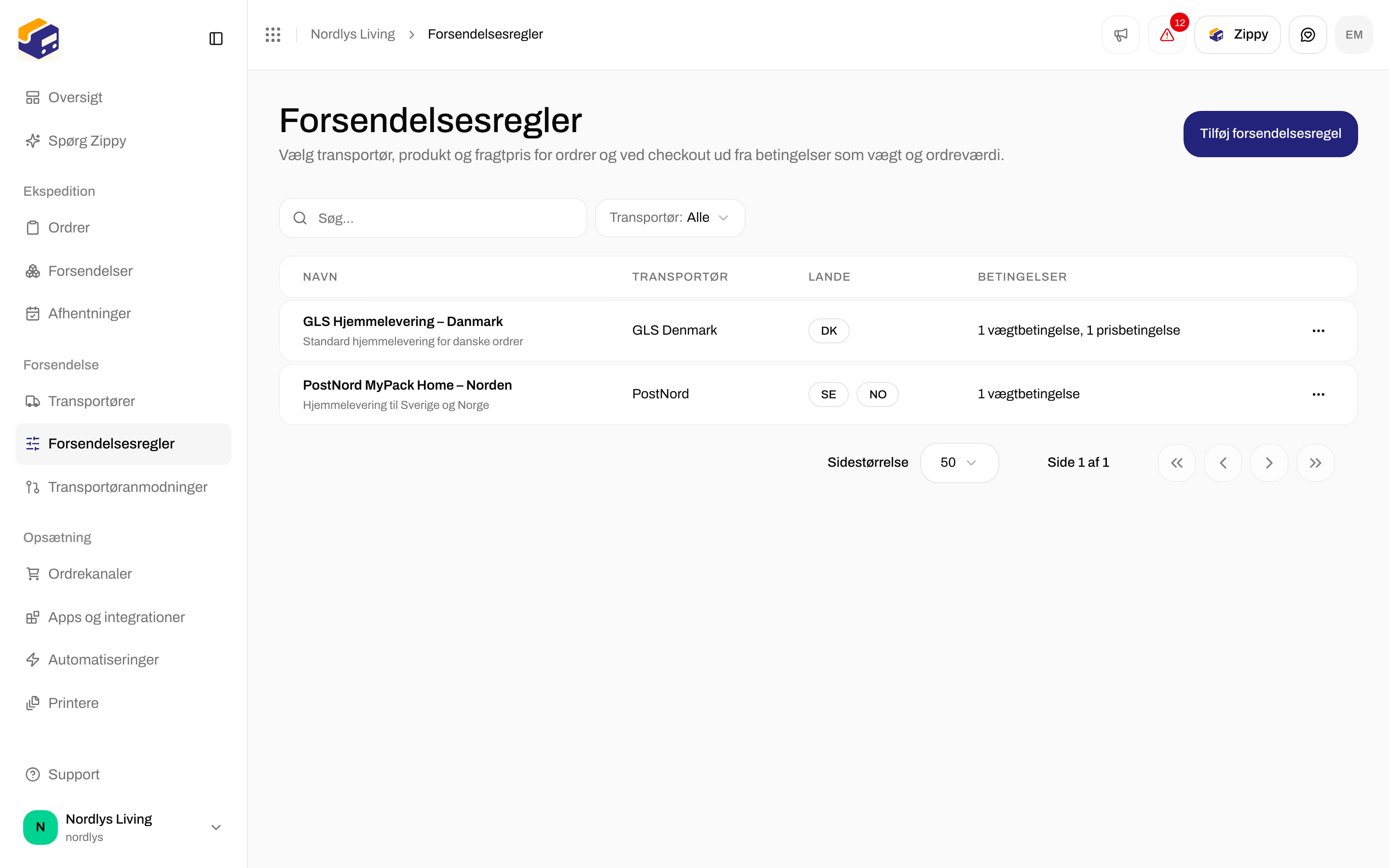 Filtre på Forsendelsesregler med Søg og Transportør