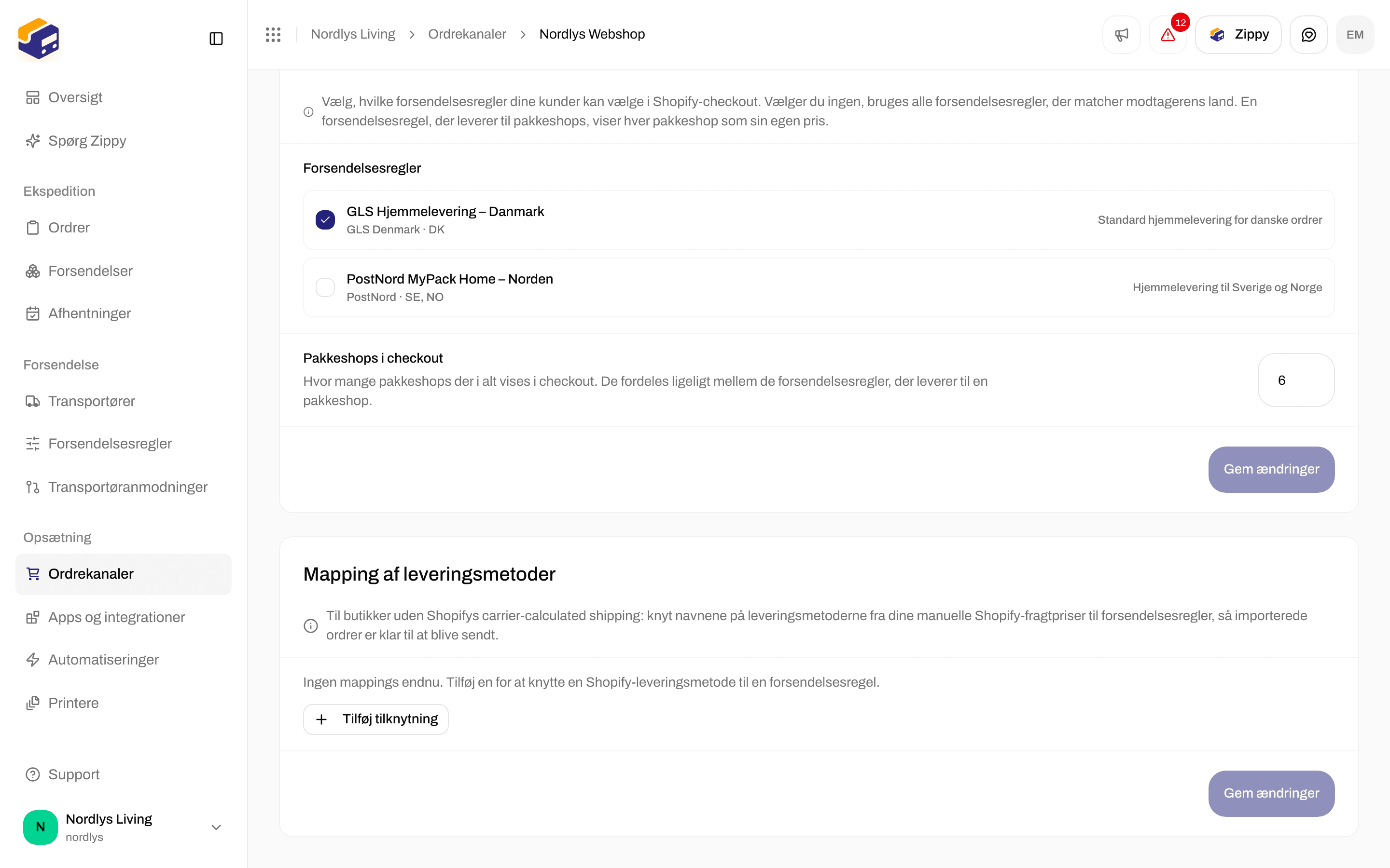 Kortlægning af leveringsmetoder uden nogen mappings endnu og knappen Tilføj mapping