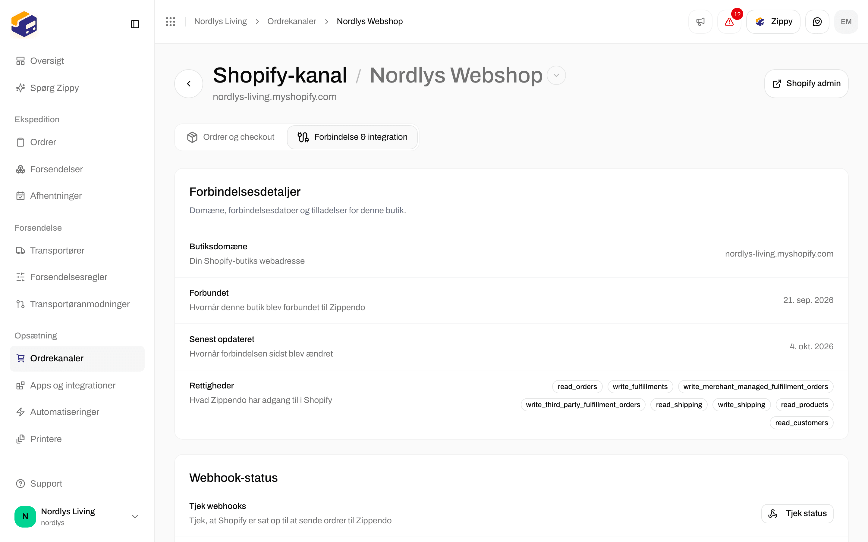 Shopify-fanen Forbindelse & integration med forbindelsesdetaljer og statustjek