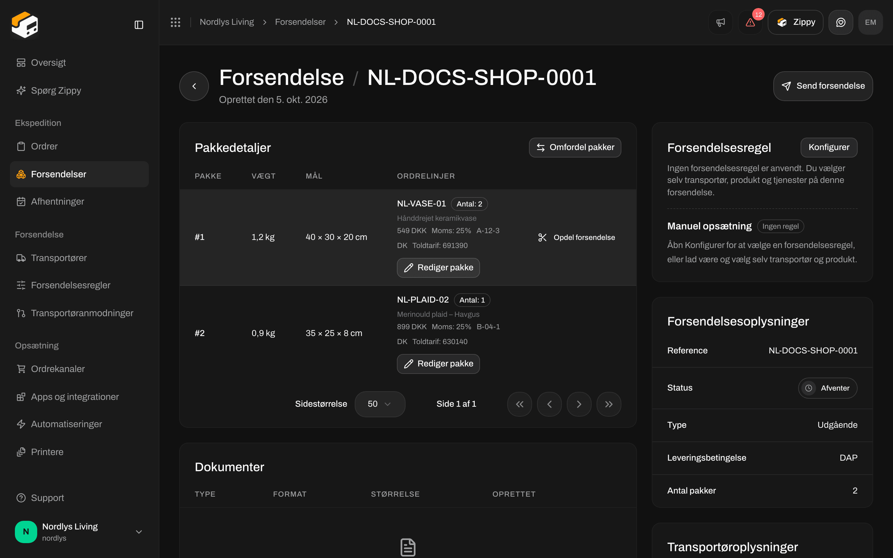 Pakkedetaljer med to pakker, Opdel forsendelse, Omfordel pakker og Rediger pakke