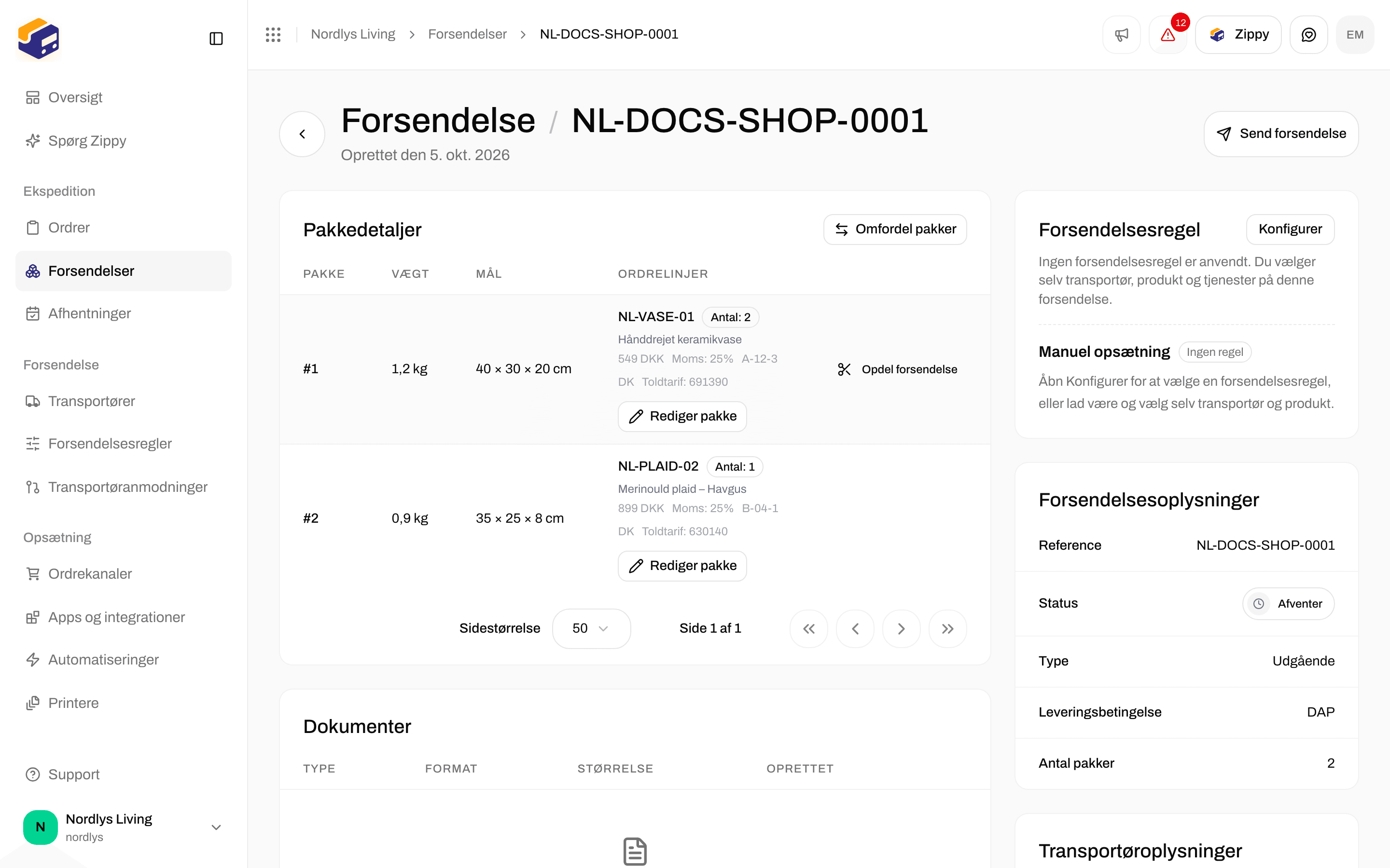 Pakkedetaljer med to pakker, Opdel forsendelse, Omfordel pakker og Rediger pakke