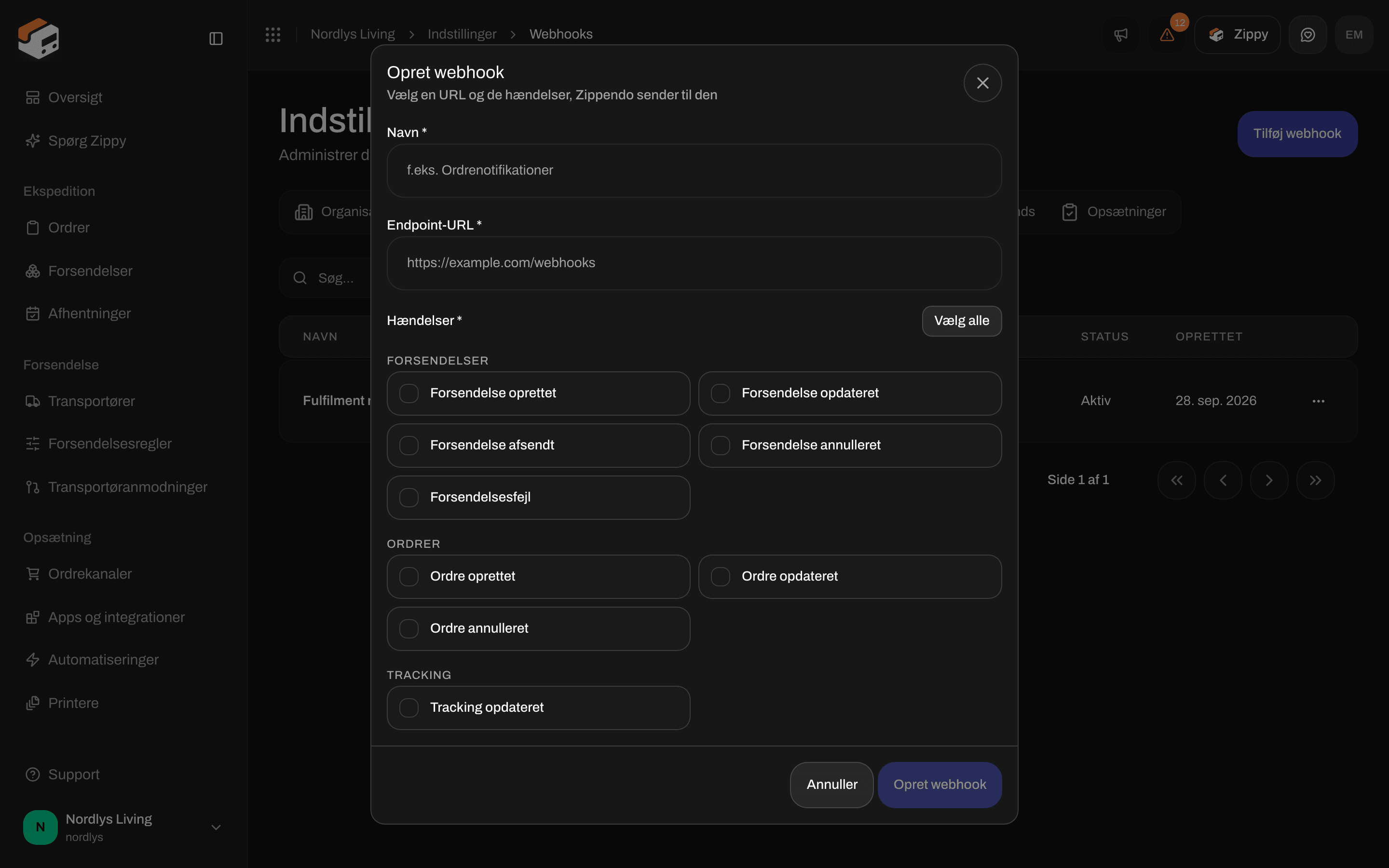 Vinduet Opret webhook scrollet til gruppen Tracking med hændelsen Tracking opdateret