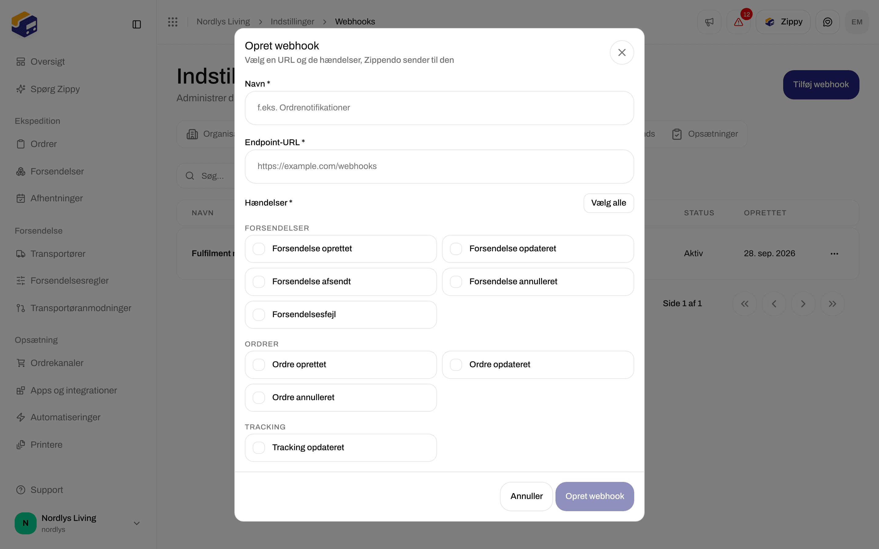 Vinduet Opret webhook scrollet til gruppen Tracking med hændelsen Tracking opdateret