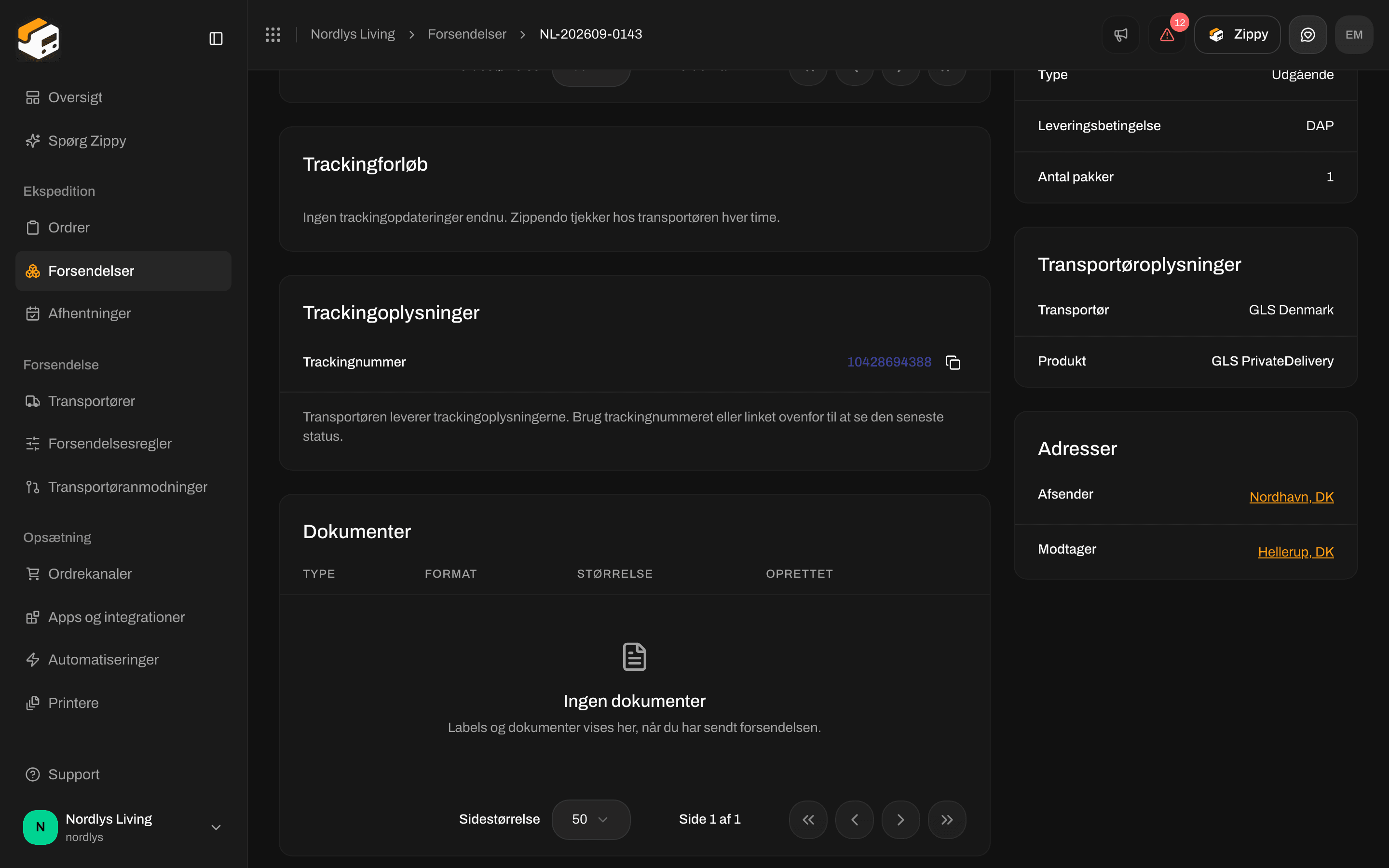 Kortet Trackingforløb, der siger, at der endnu ikke er trackingopdateringer
