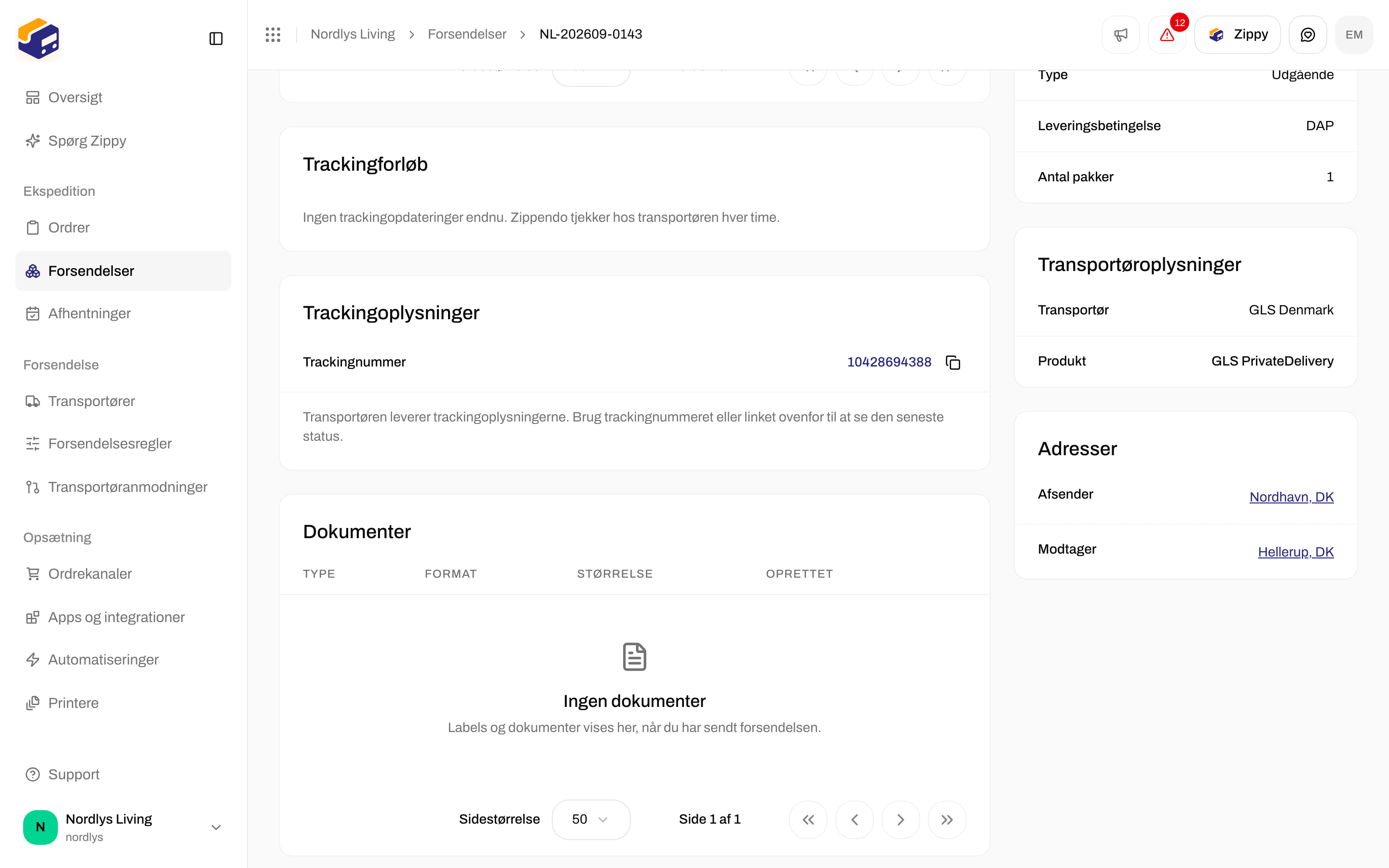 Kortet Trackingforløb, der siger, at der endnu ikke er trackingopdateringer