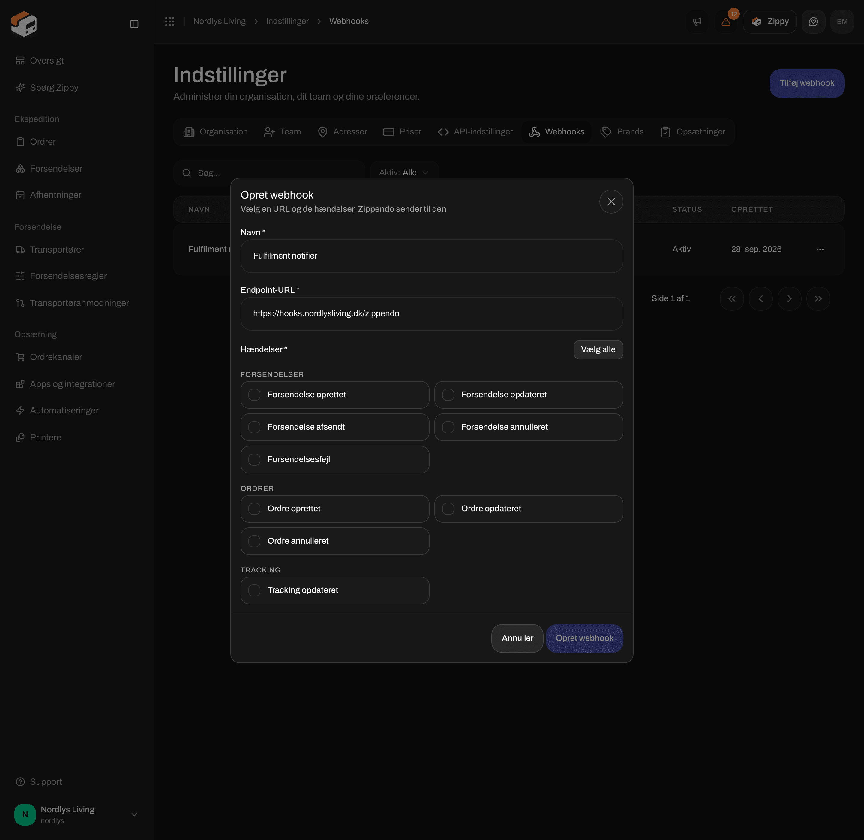 Vinduet Opret webhook med Navn, Endpoint-URL, Vælg alle og afkrydsningsfelterne for forsendelseshændelser