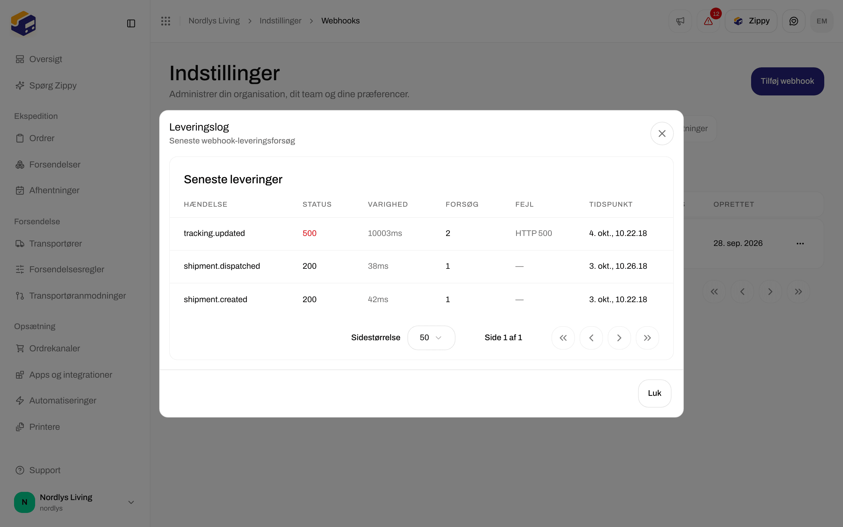 Leveringslog med hændelsesnavne, svarstatus, varighed, forsøg og tidspunkt