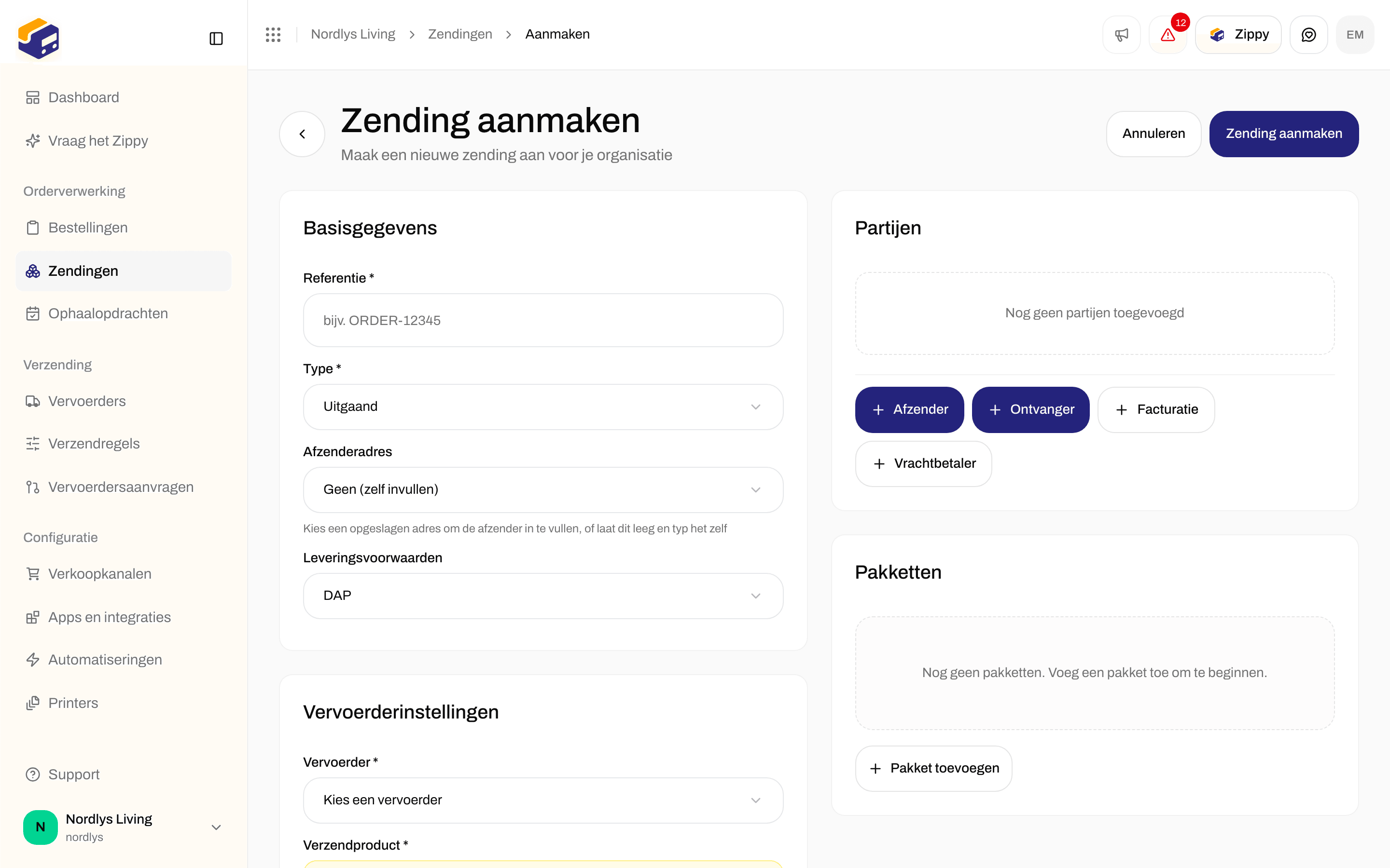 Formulier Zending aanmaken met Basisgegevens, Vervoerderinstellingen, Printerinstellingen, Partijen en Pakketten