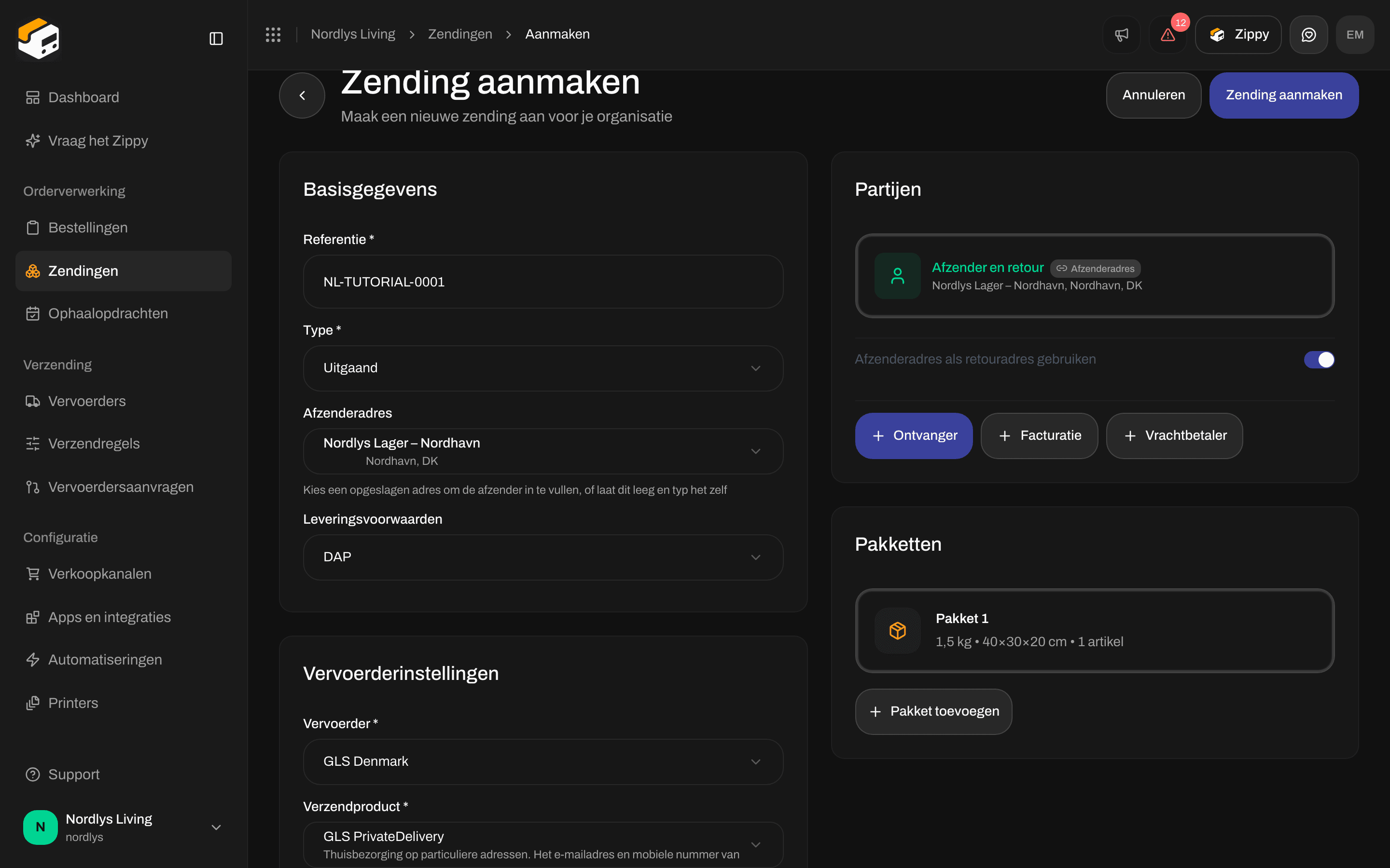 Formulier Zending aanmaken ingevuld met een referentie, een afzenderadres, GLS PrivateDelivery en één pakket