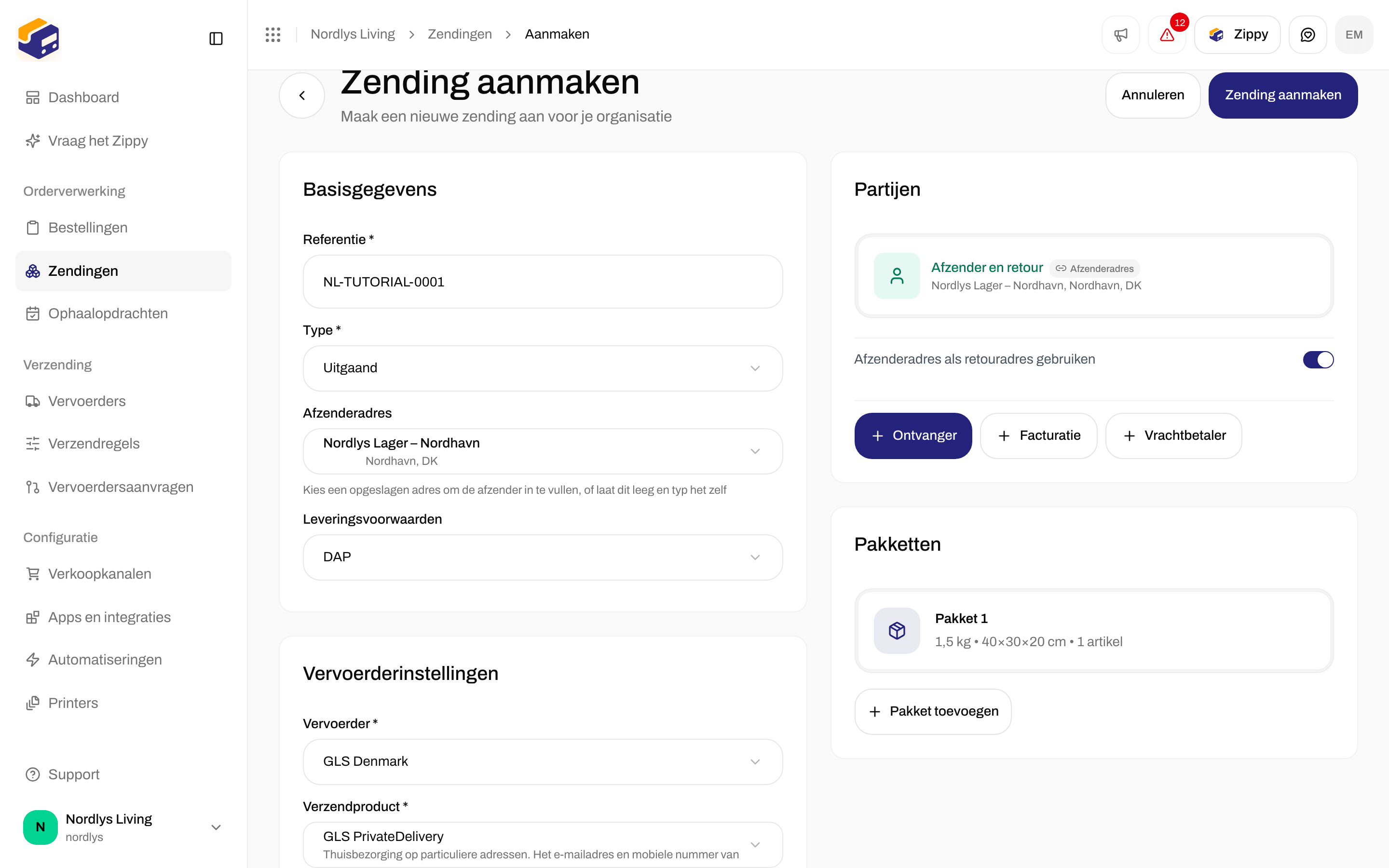 Formulier Zending aanmaken ingevuld met een referentie, een afzenderadres, GLS PrivateDelivery en één pakket
