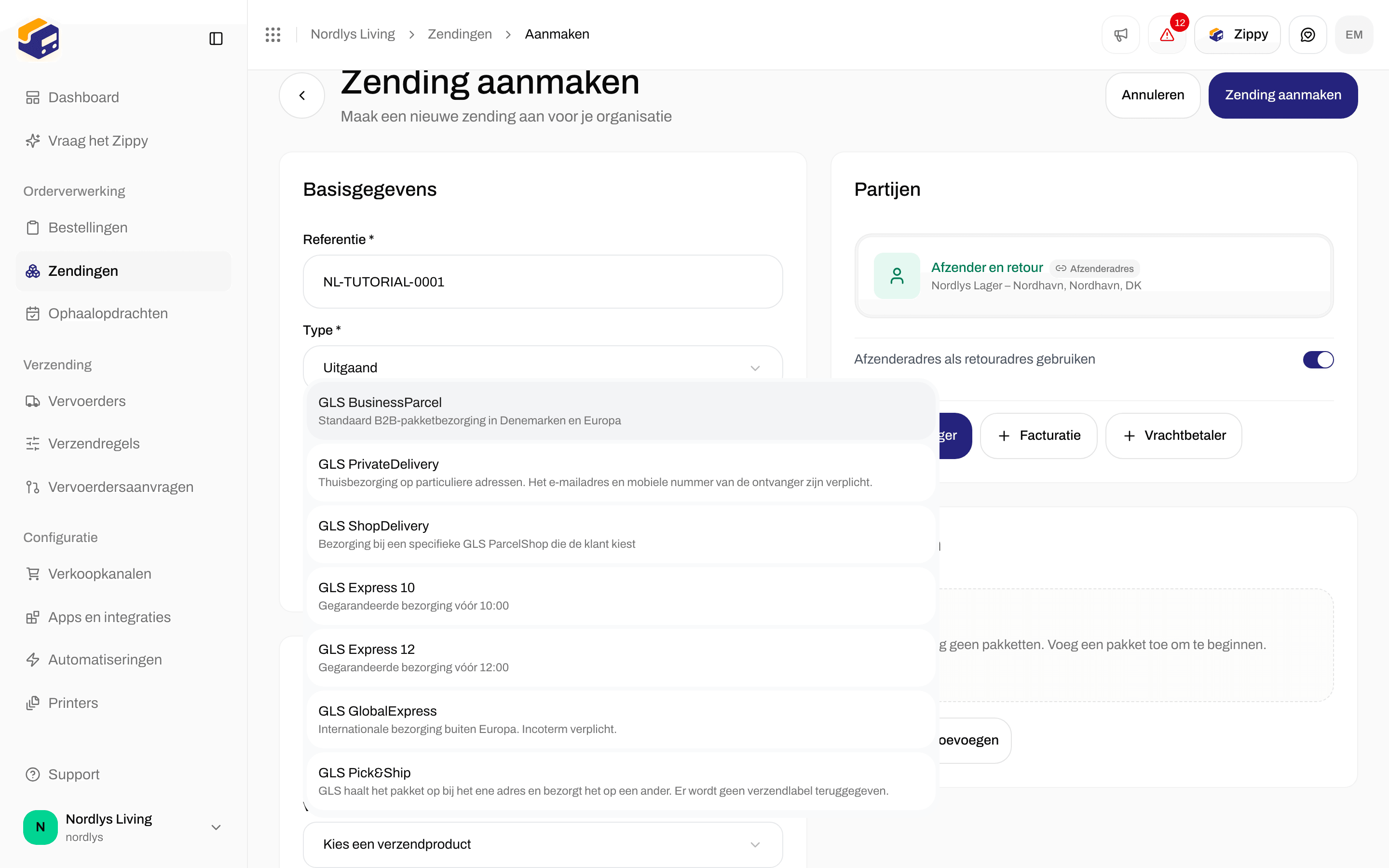 Vervoerderinstellingen met GLS Denmark geselecteerd en de lijst met verzendproducten open