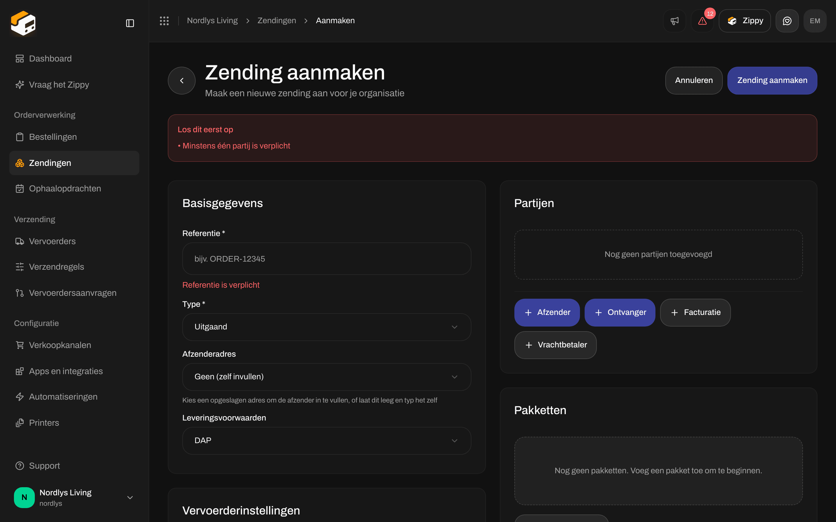 Formulier Zending aanmaken met Referentie is verplicht en Minstens één partij is verplicht