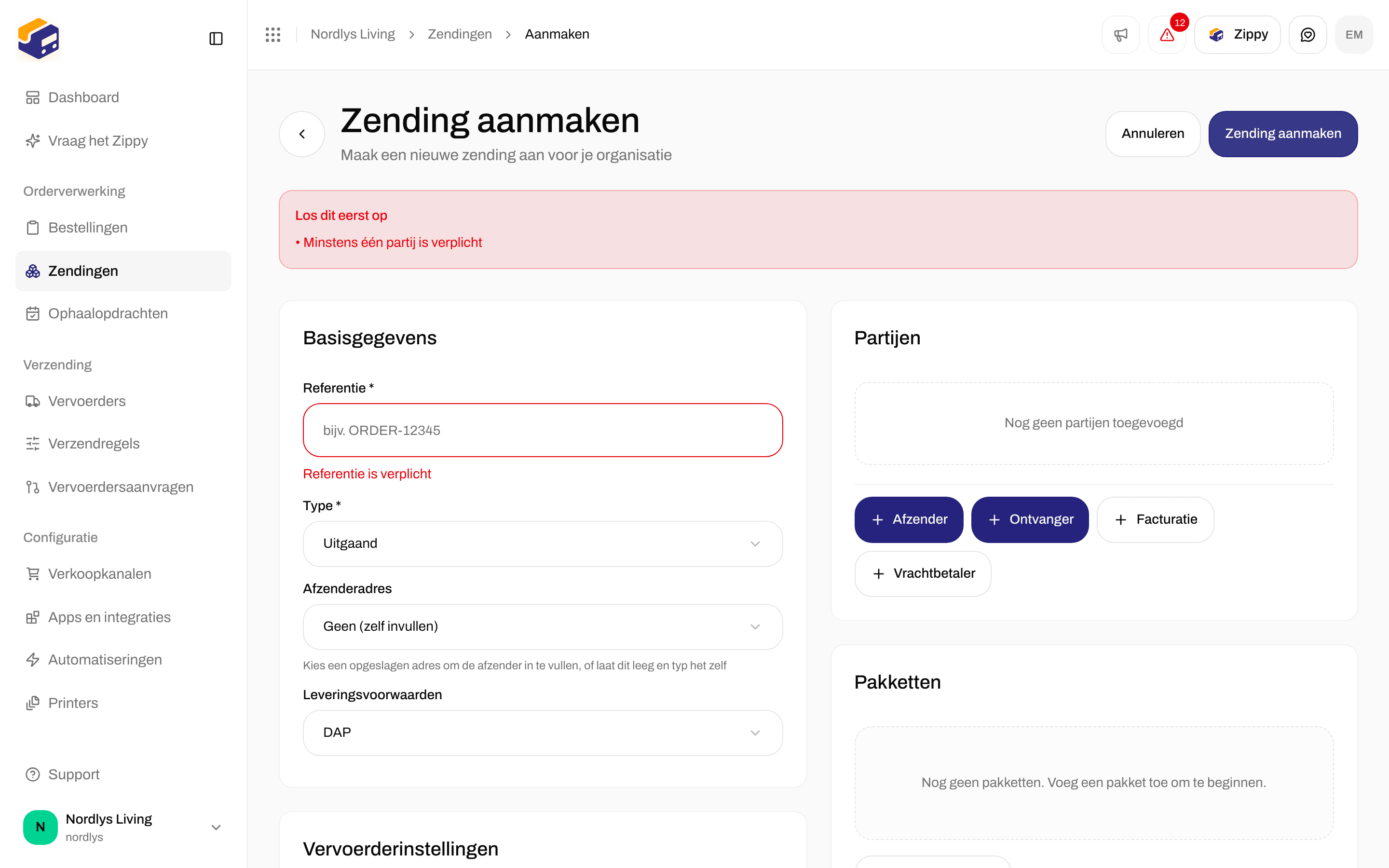Formulier Zending aanmaken met Referentie is verplicht en Minstens één partij is verplicht