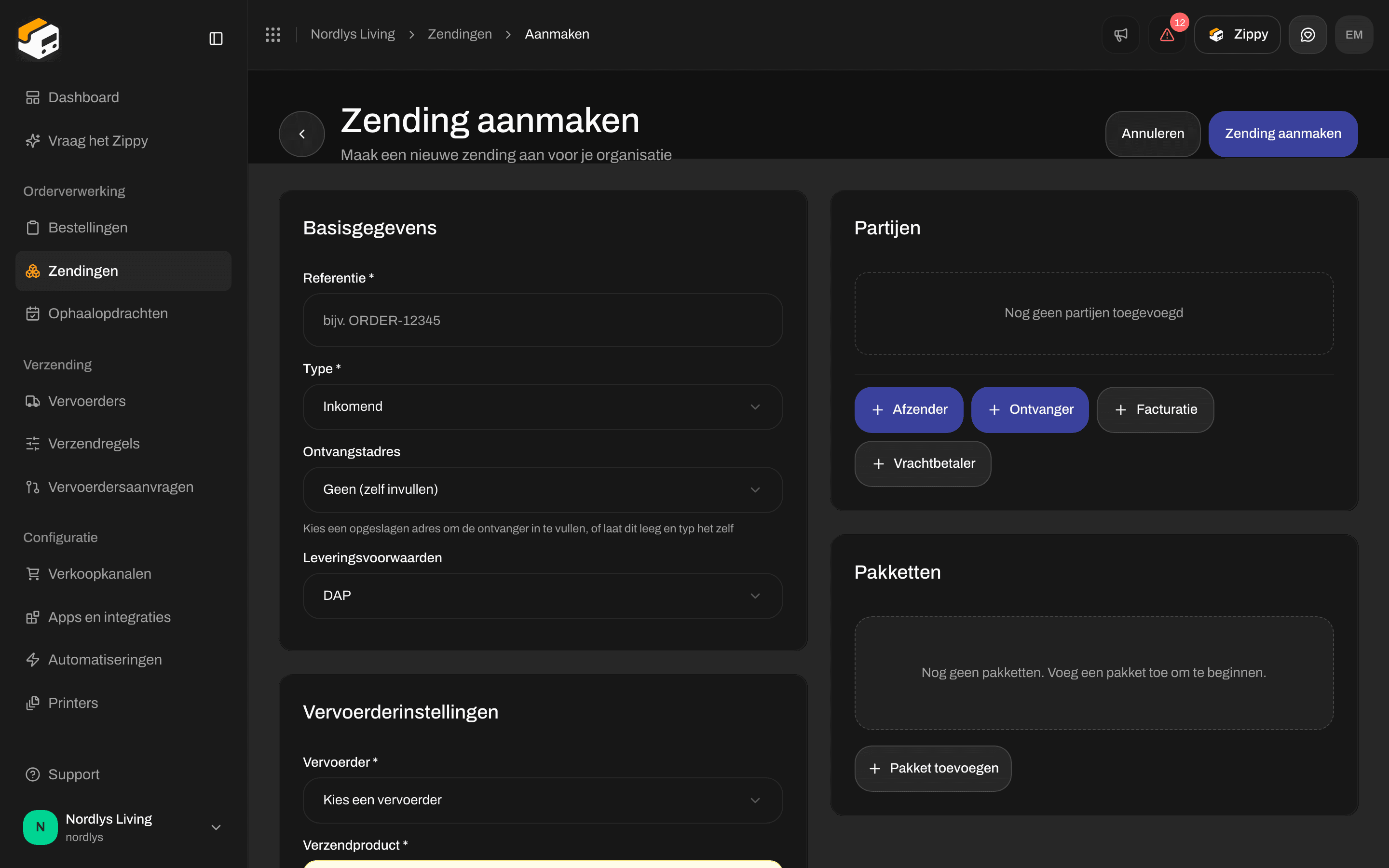 Basisgegevens met Type ingesteld op Inkomend en Ontvangstadres