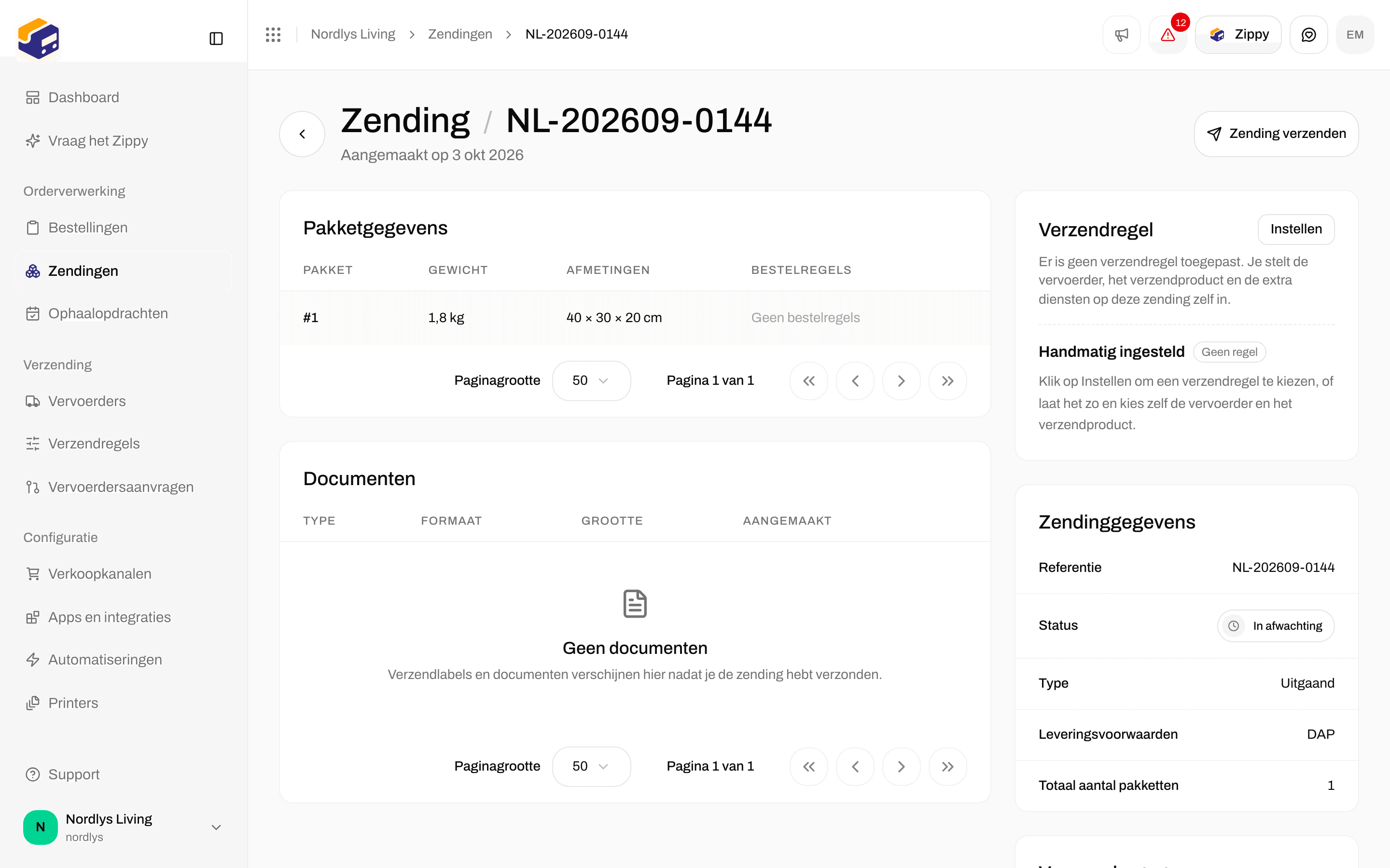 Een zending in afwachting met Zending verzenden bovenaan
