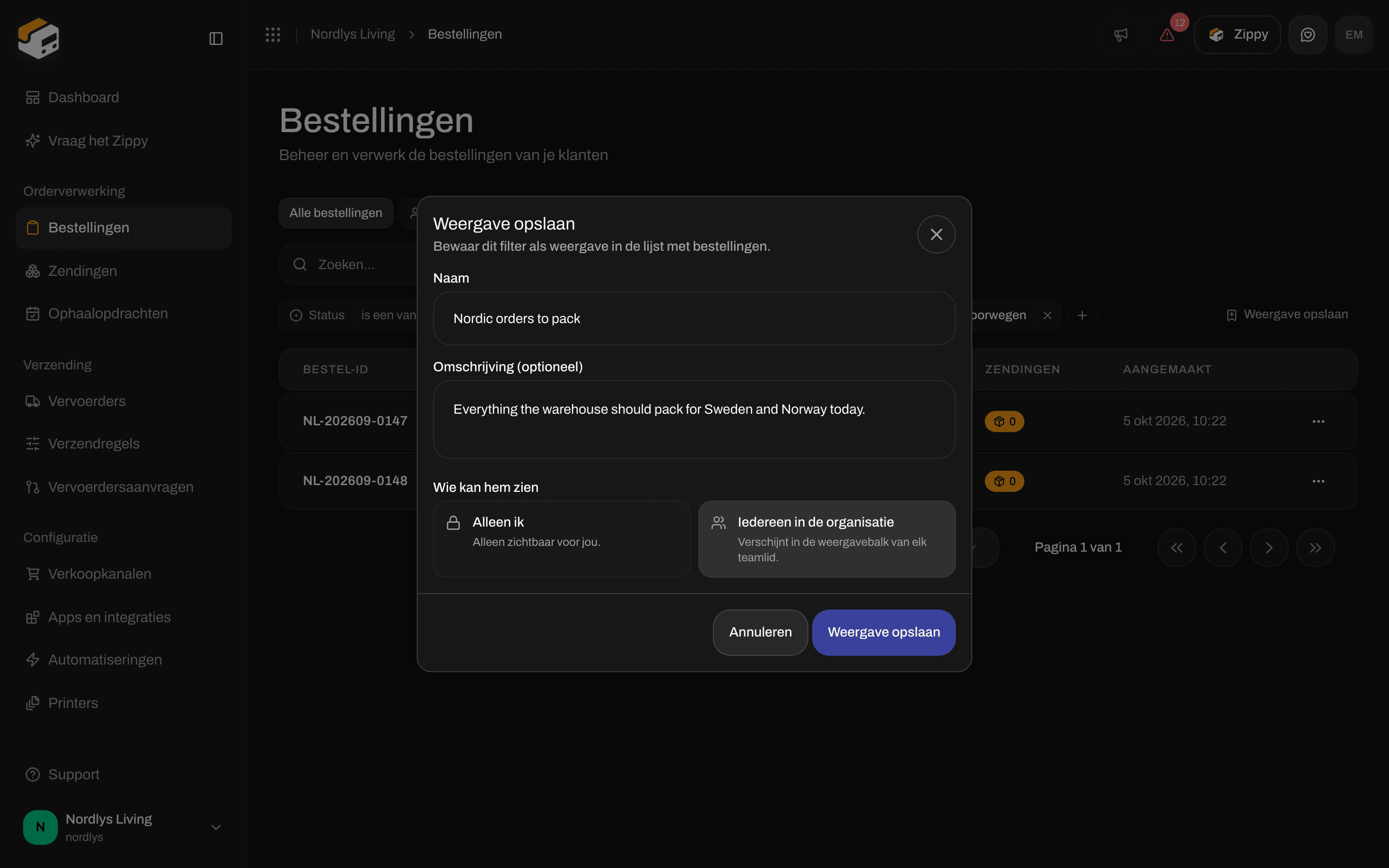 Venster Save view met een naam, een omschrijving en de keuze tussen Only me en Everyone in the organization