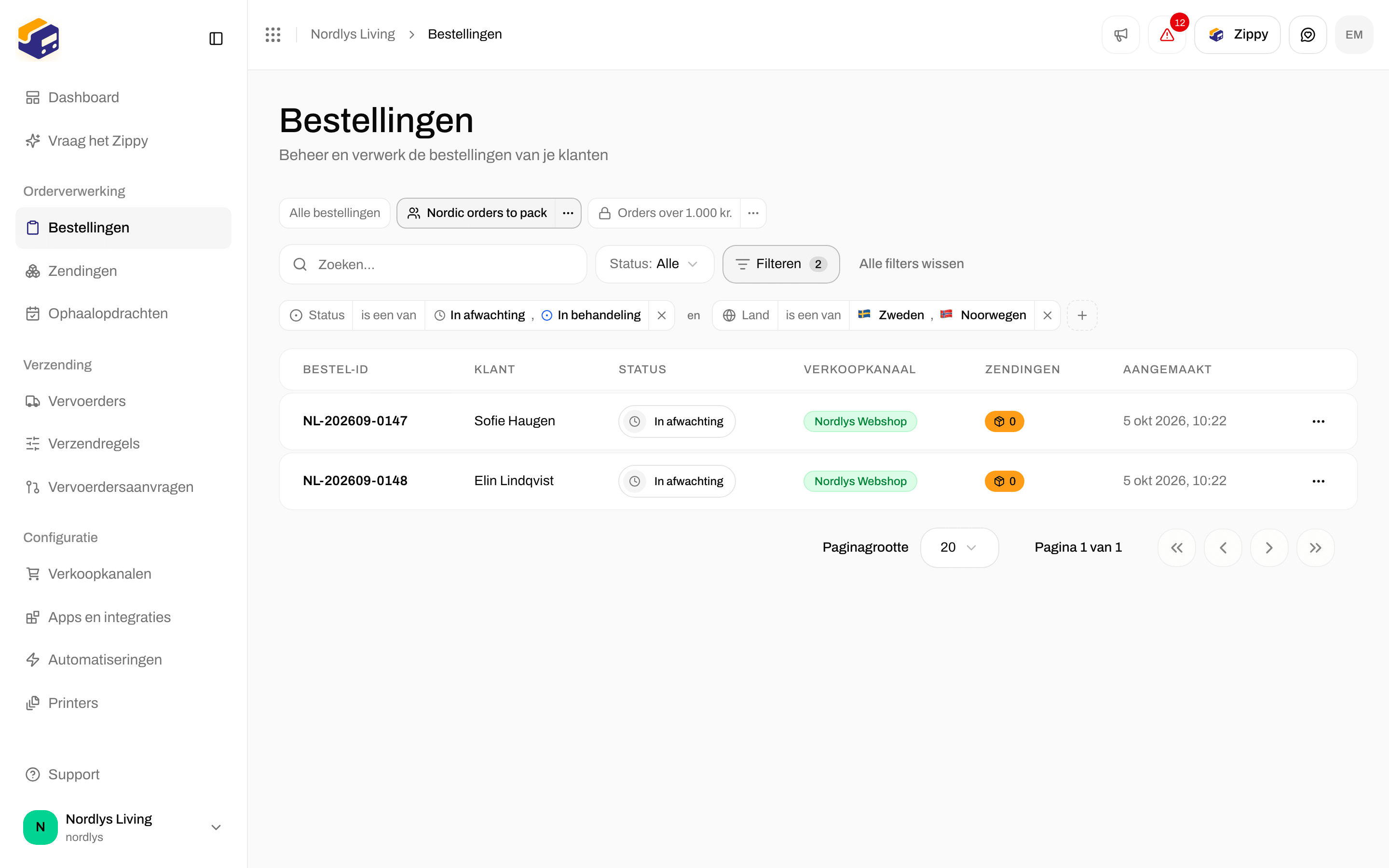 Tabbladen boven de filters: All orders, Nordic orders to pack (actief) en een persoonlijke weergave