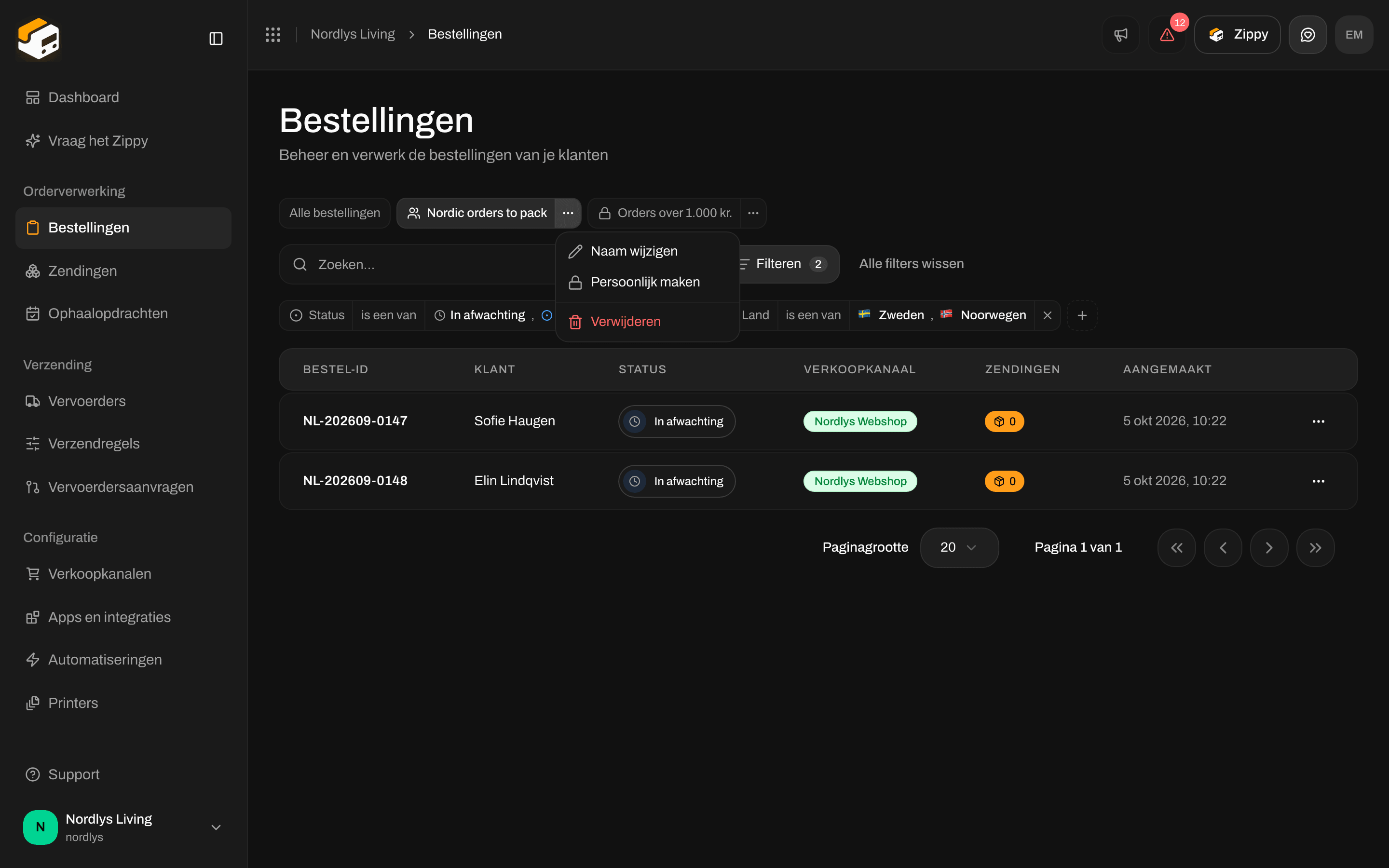 Menu van een weergavetabblad met Rename, Share with the organization en Delete