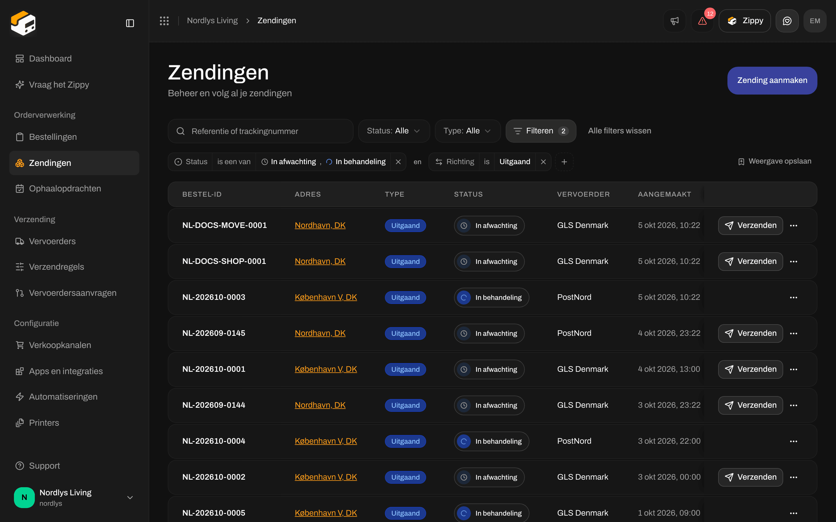 Zendingenlijst met een label Status en een label Direction