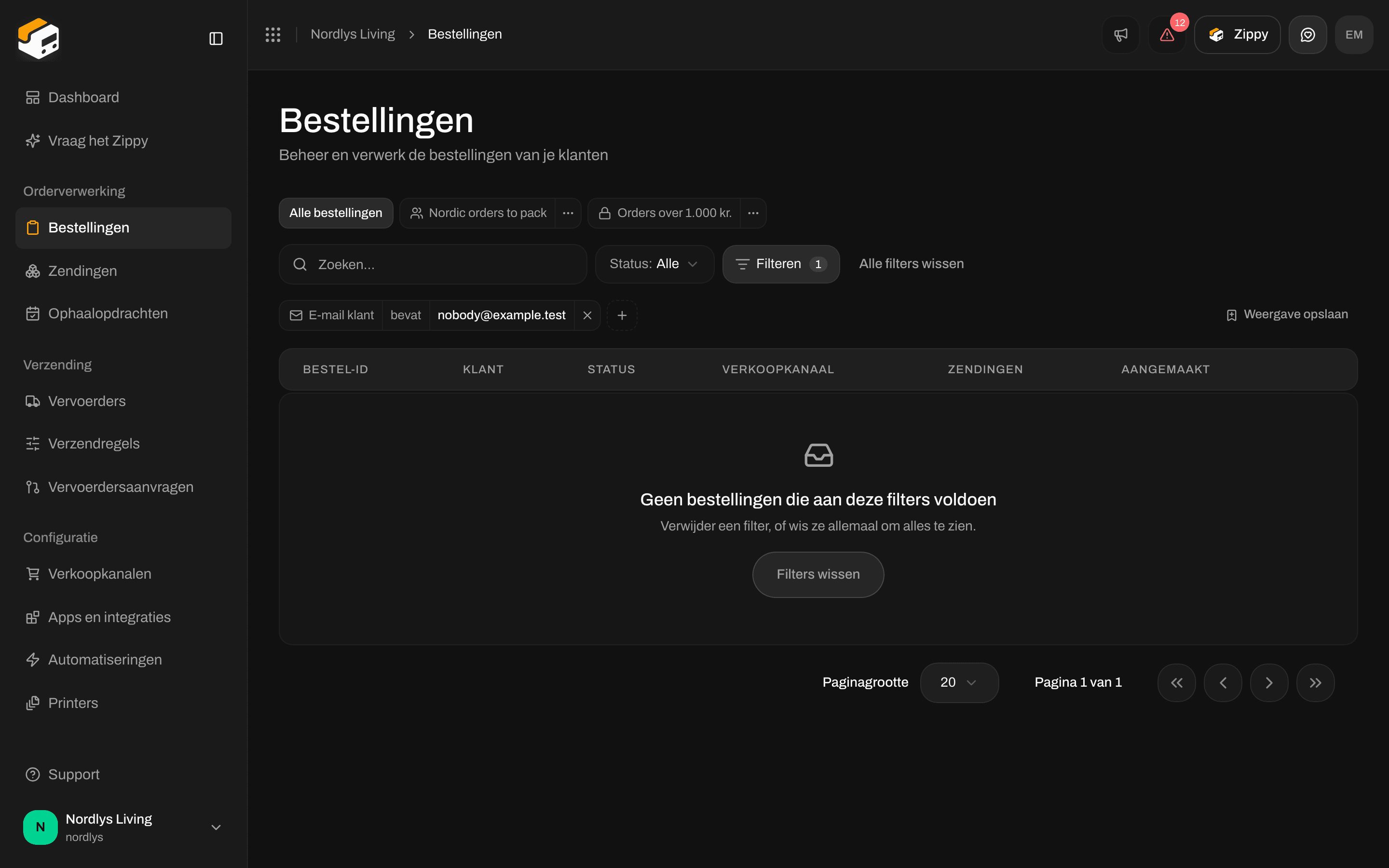 Lege bestellingentabel met No orders match these filters en een knop Clear filters