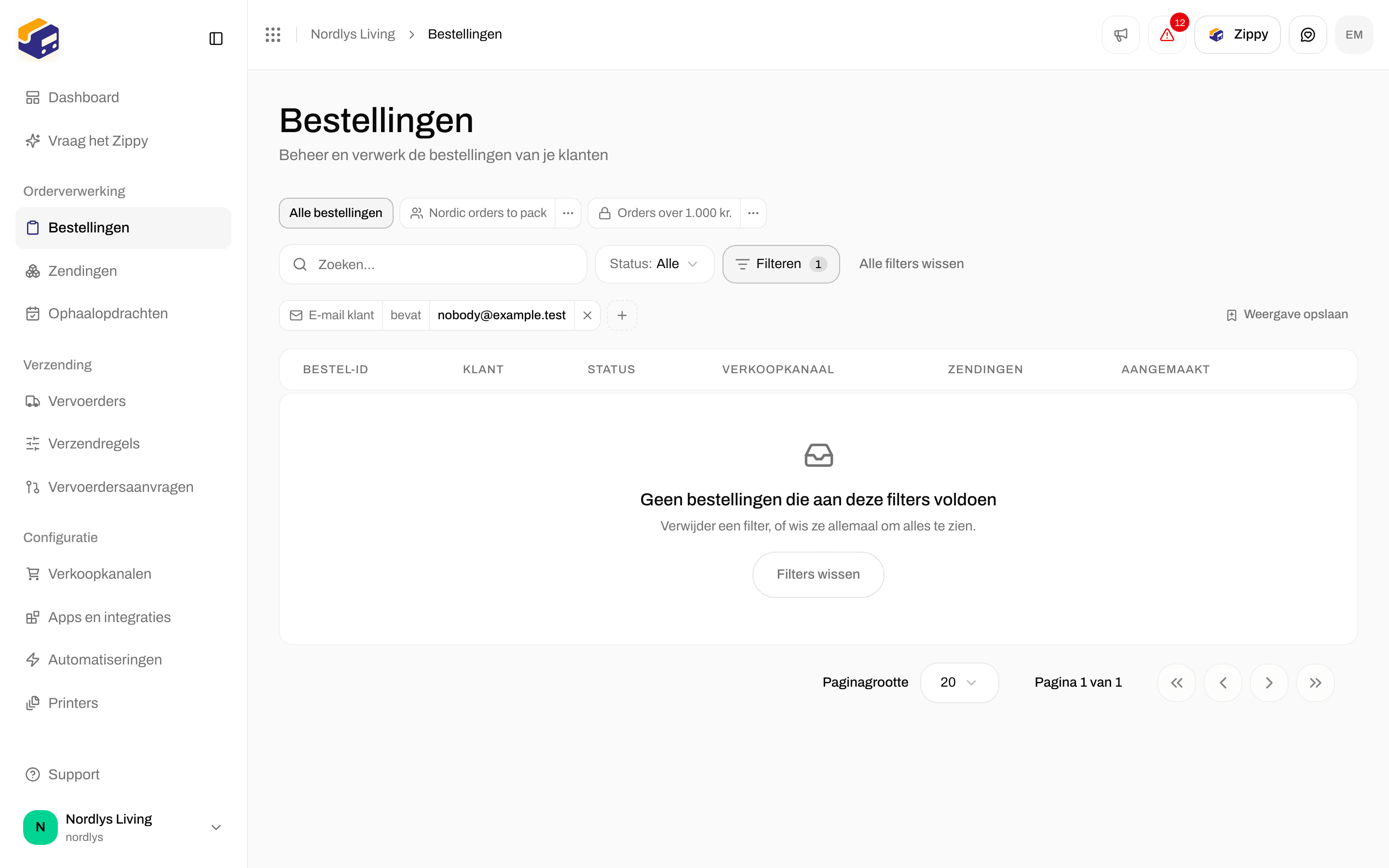 Lege bestellingentabel met No orders match these filters en een knop Clear filters