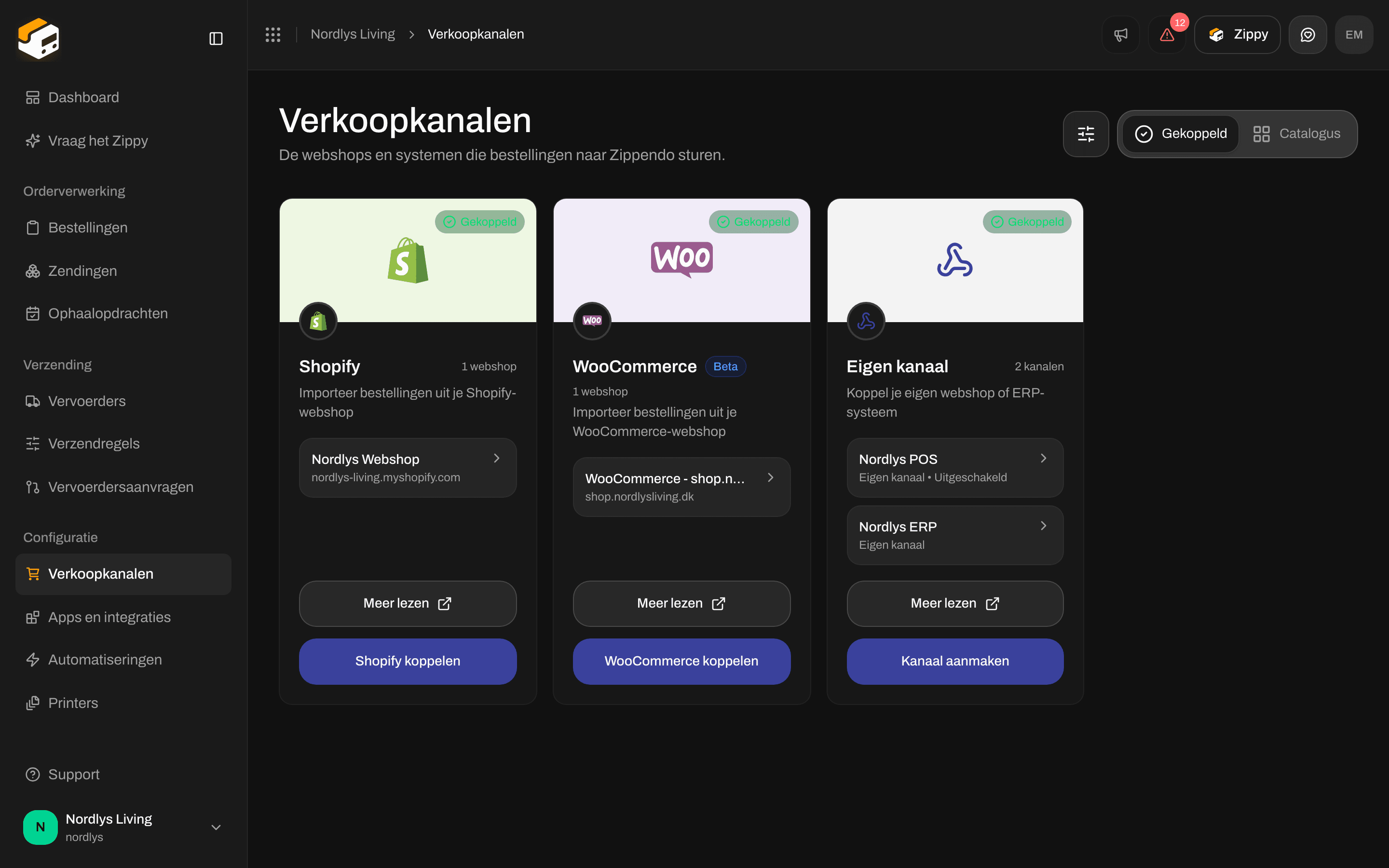Gekoppelde verkoopkanalen met een Shopify-webshop en een eigen kanaal