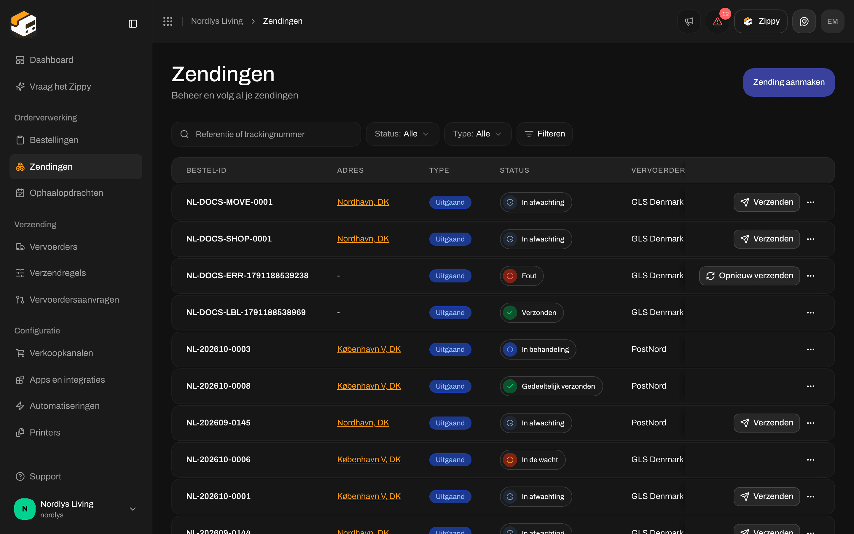 Lijst Alle zendingen met uitgaande zendingen met de status In afwachting, Geannuleerd, Verzonden en In behandeling