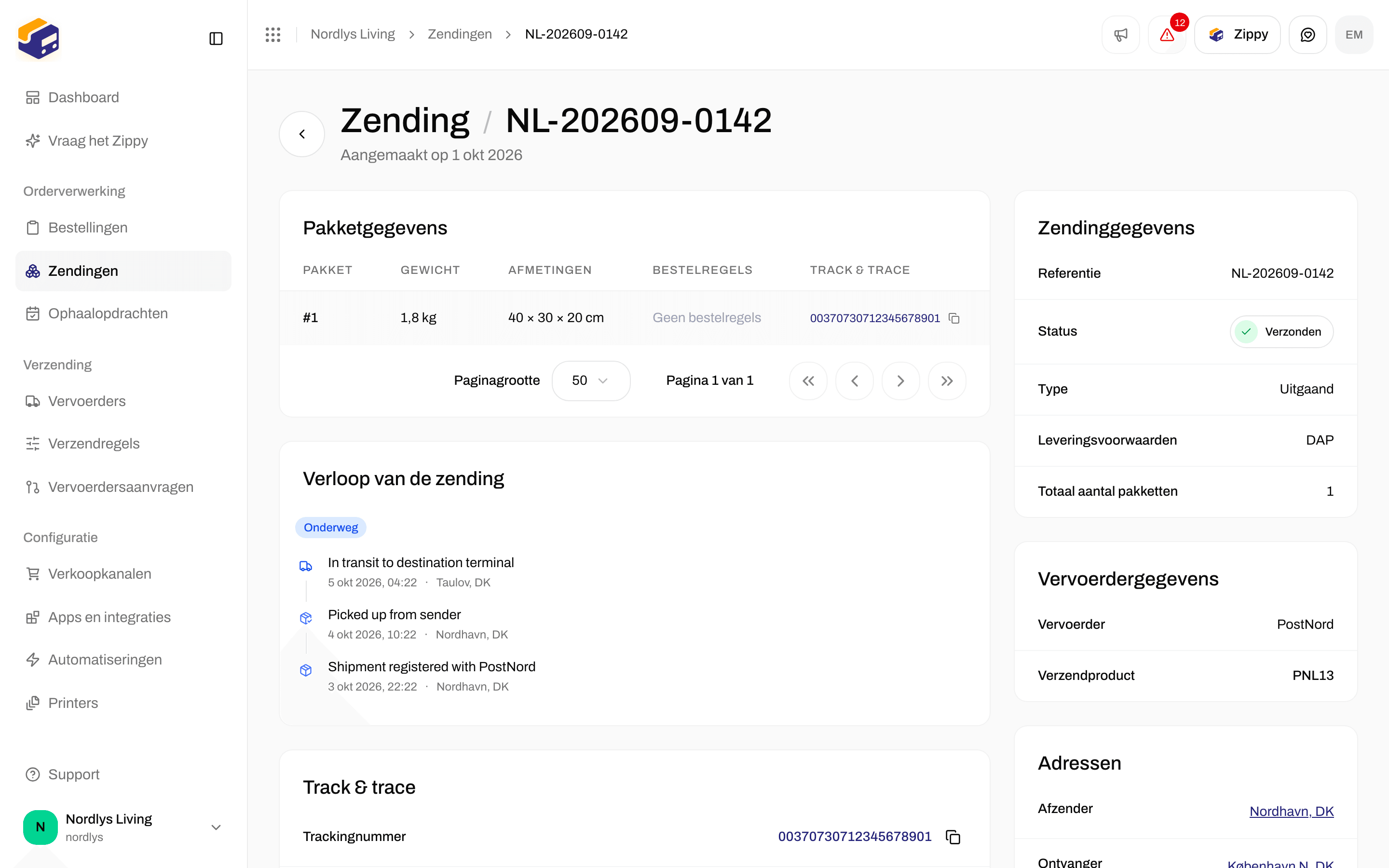 Overzicht van een verzonden PostNord-zending met het afzenderadres