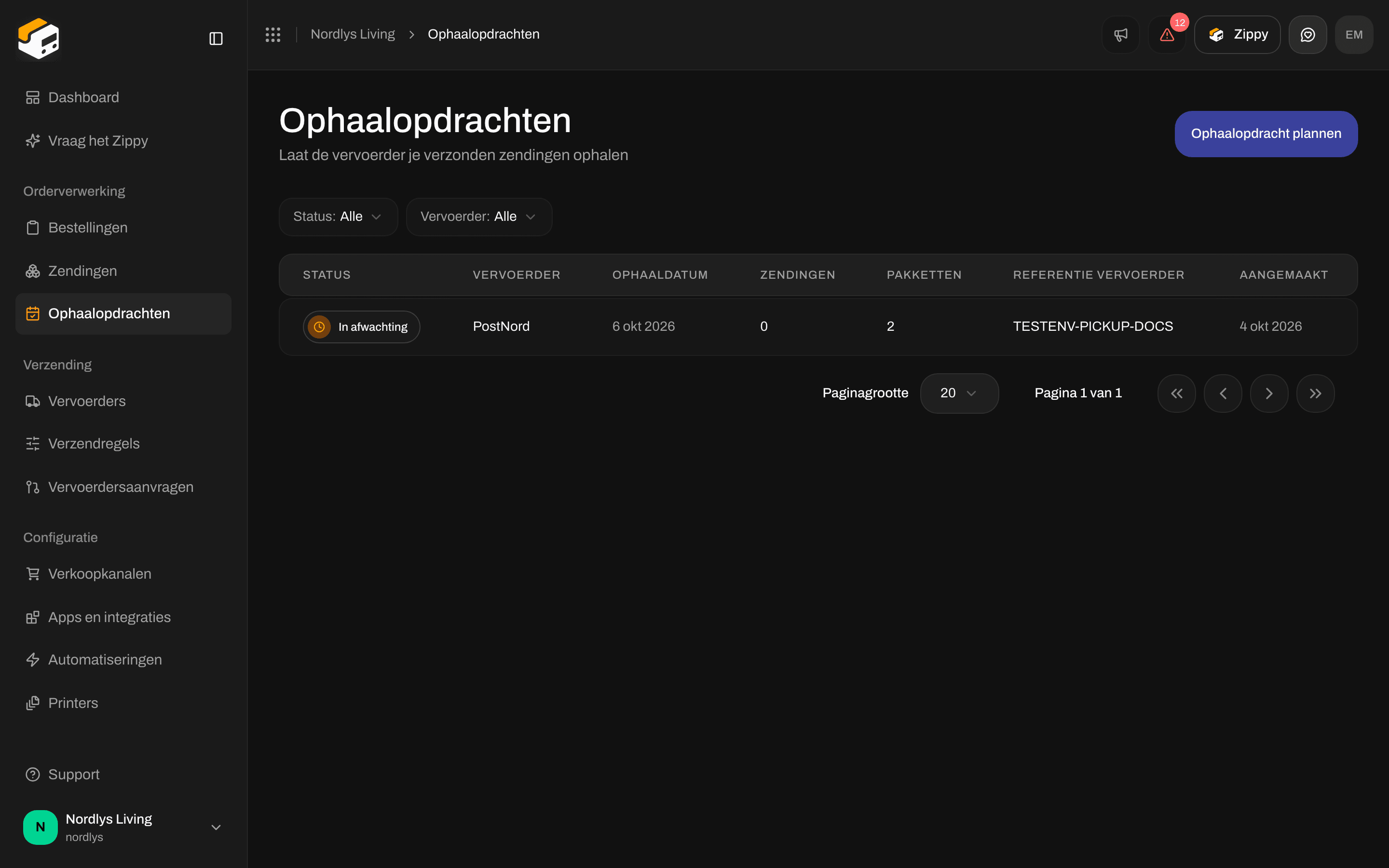 Pagina Ophaalopdrachten met de tekst Geen ophaalopdrachten gepland, met Ophaalopdracht plannen