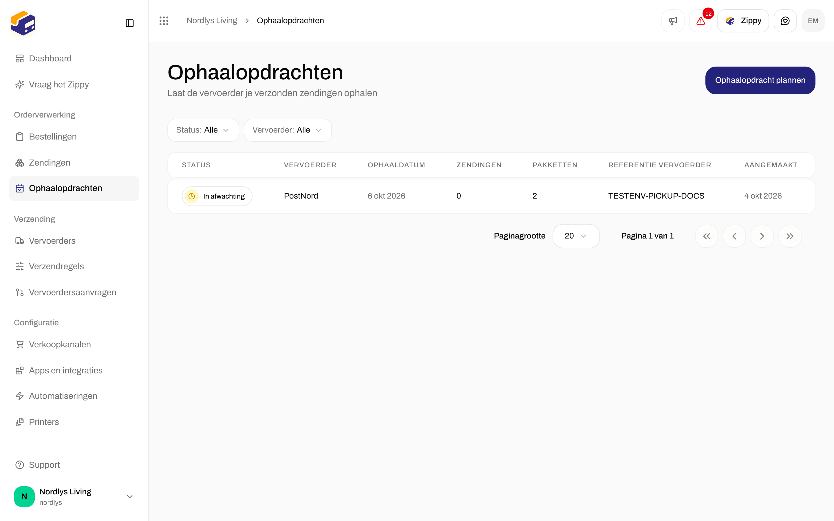 Pagina Ophaalopdrachten met de tekst Geen ophaalopdrachten gepland, met Ophaalopdracht plannen
