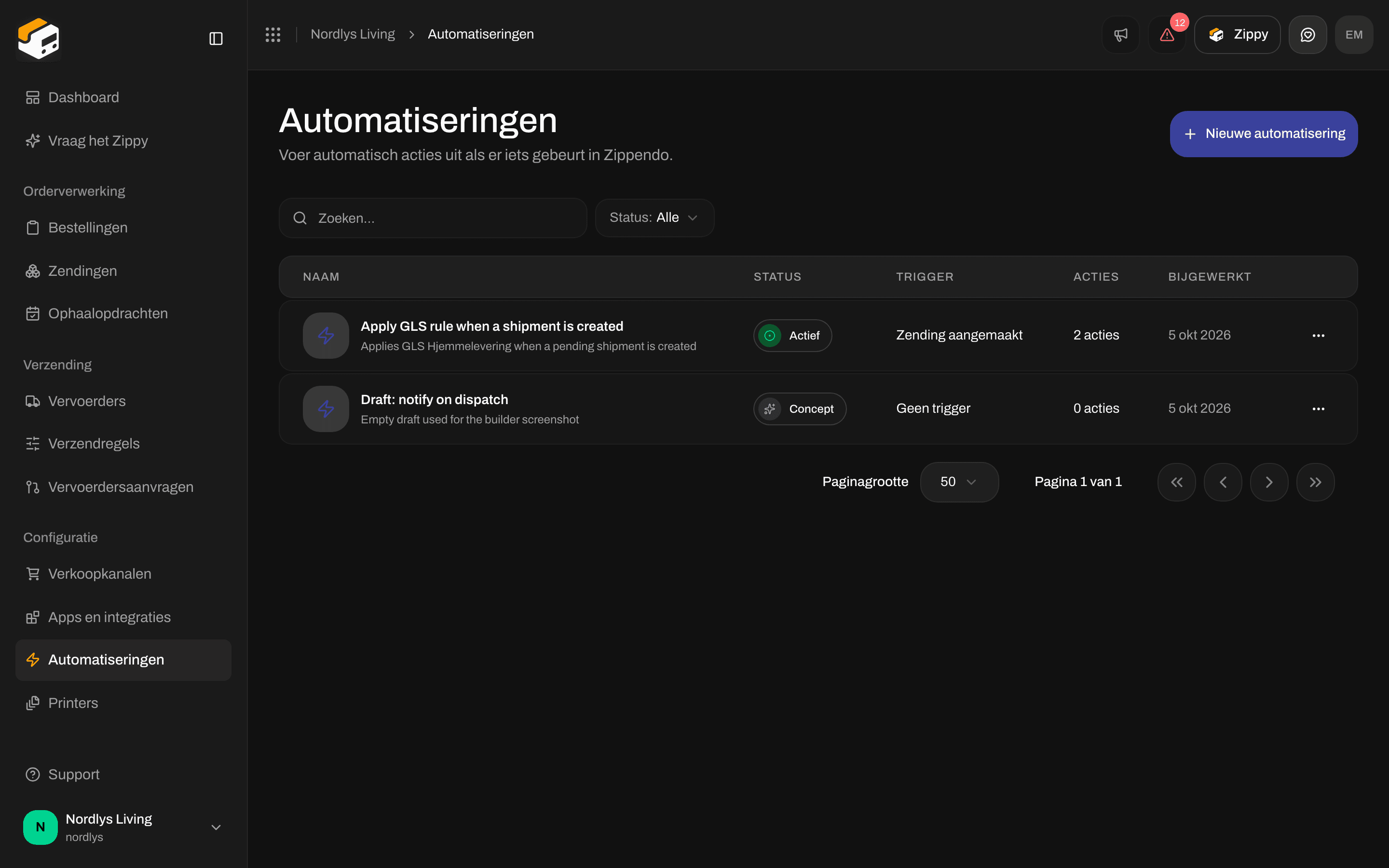 Pagina Automatiseringen met de tekst Nog geen automatiseringen, met Automatisering aanmaken