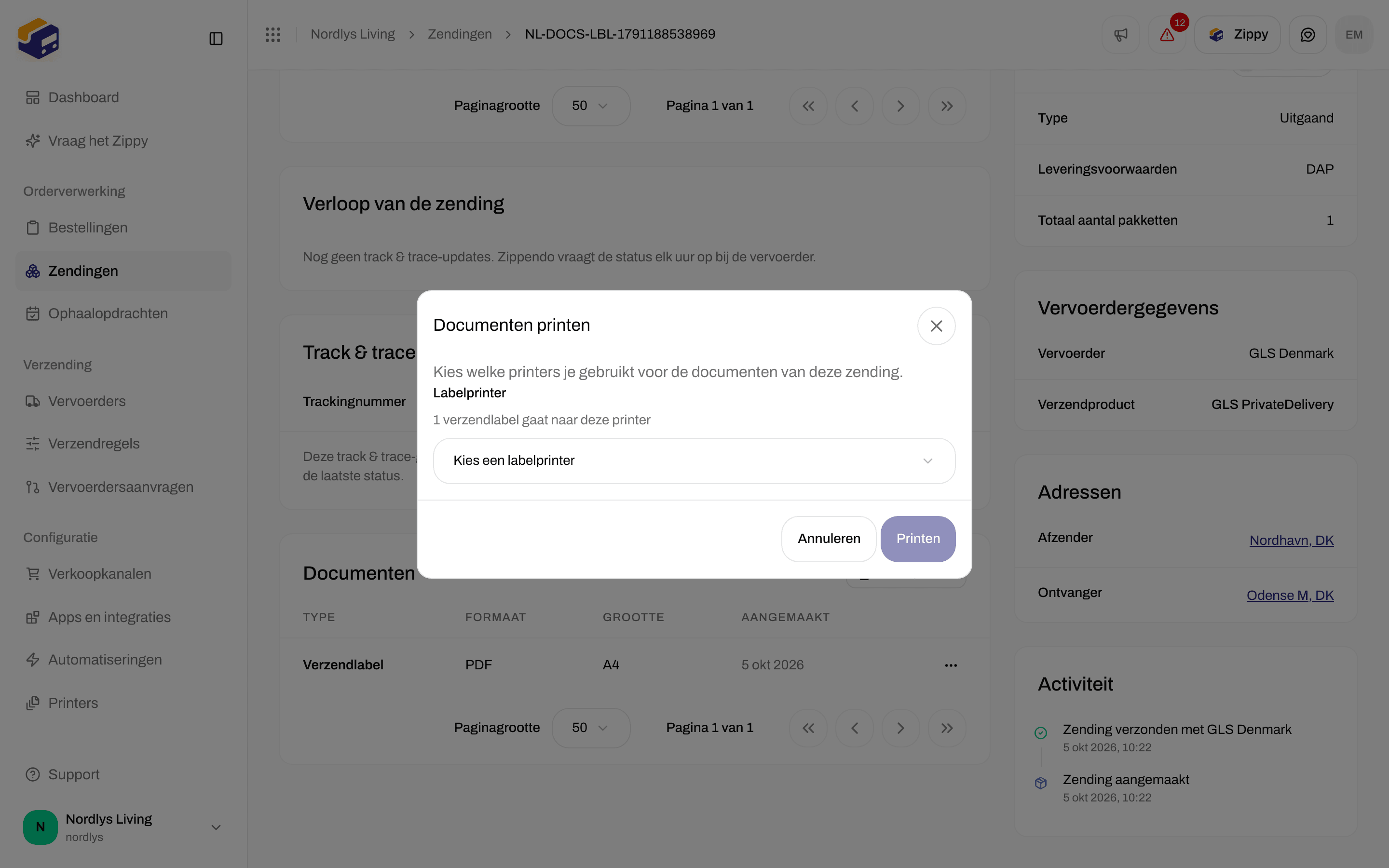 Venster Documenten printen dat om een labelprinter vraagt