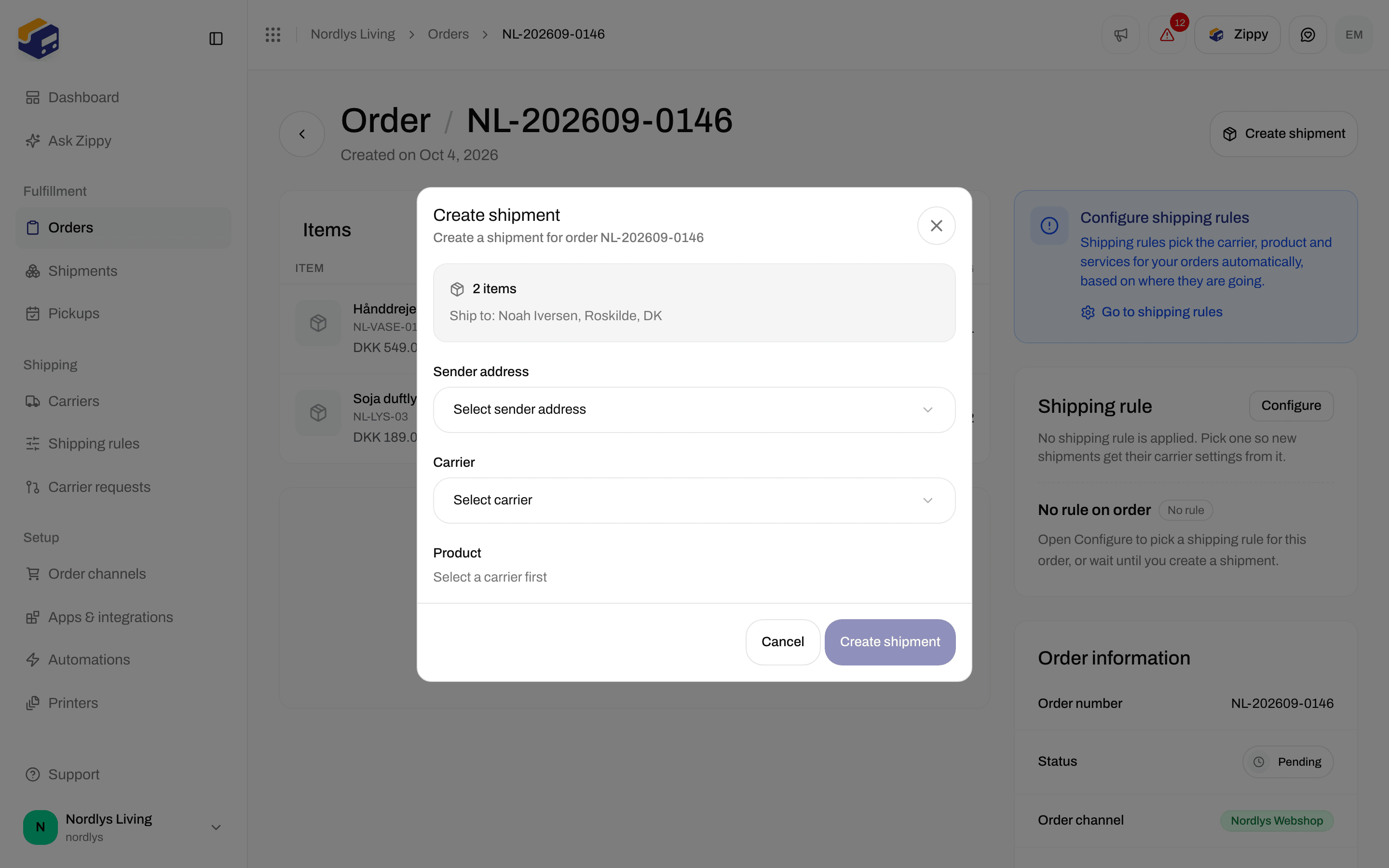 Create shipment window with Sender address, Carrier and Product fields