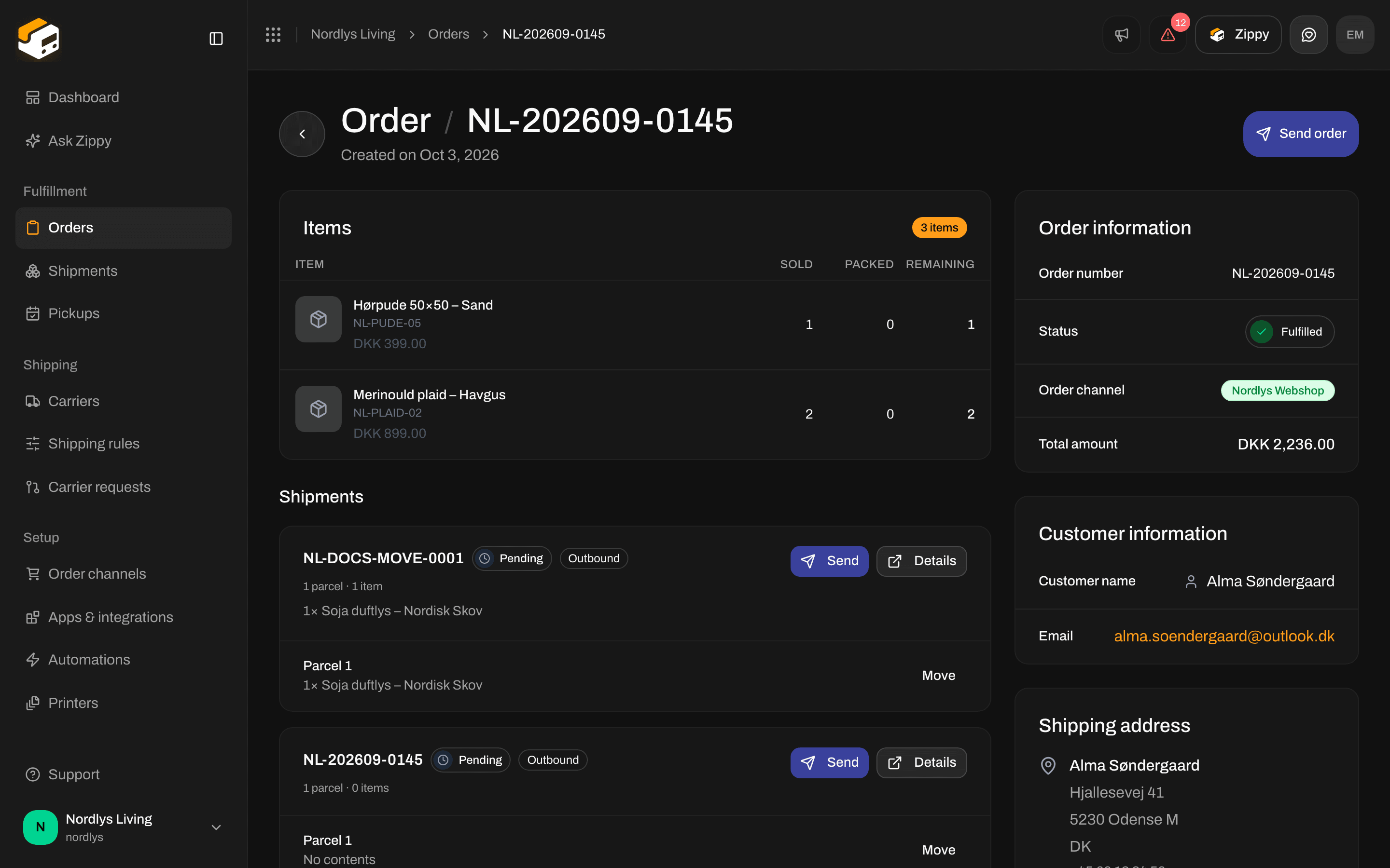 Fulfilled order with customer information and shipping address