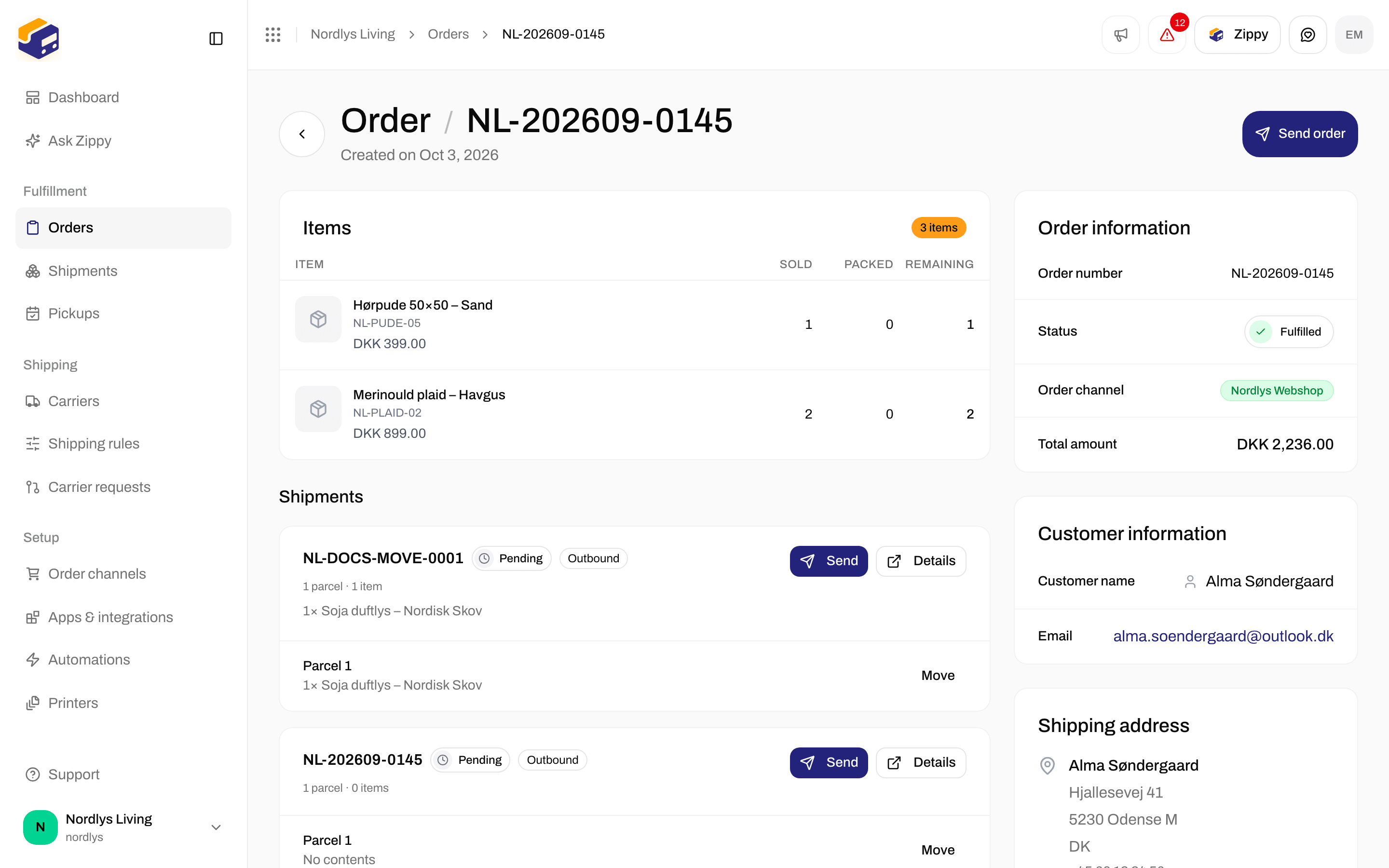 Fulfilled order with customer information and shipping address