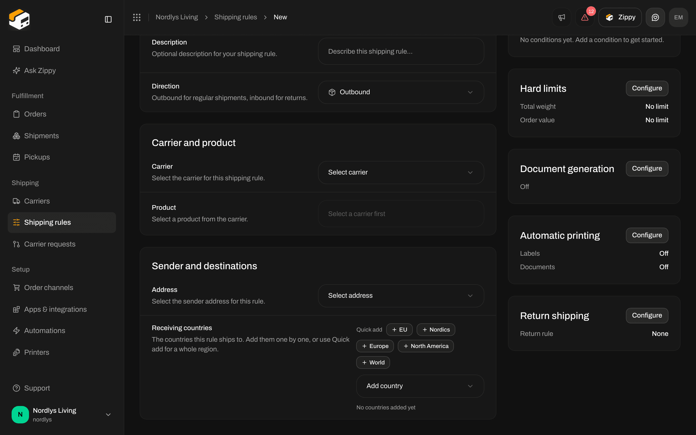Return shipping section with Return shipping rule set to None, below Automatic printing
