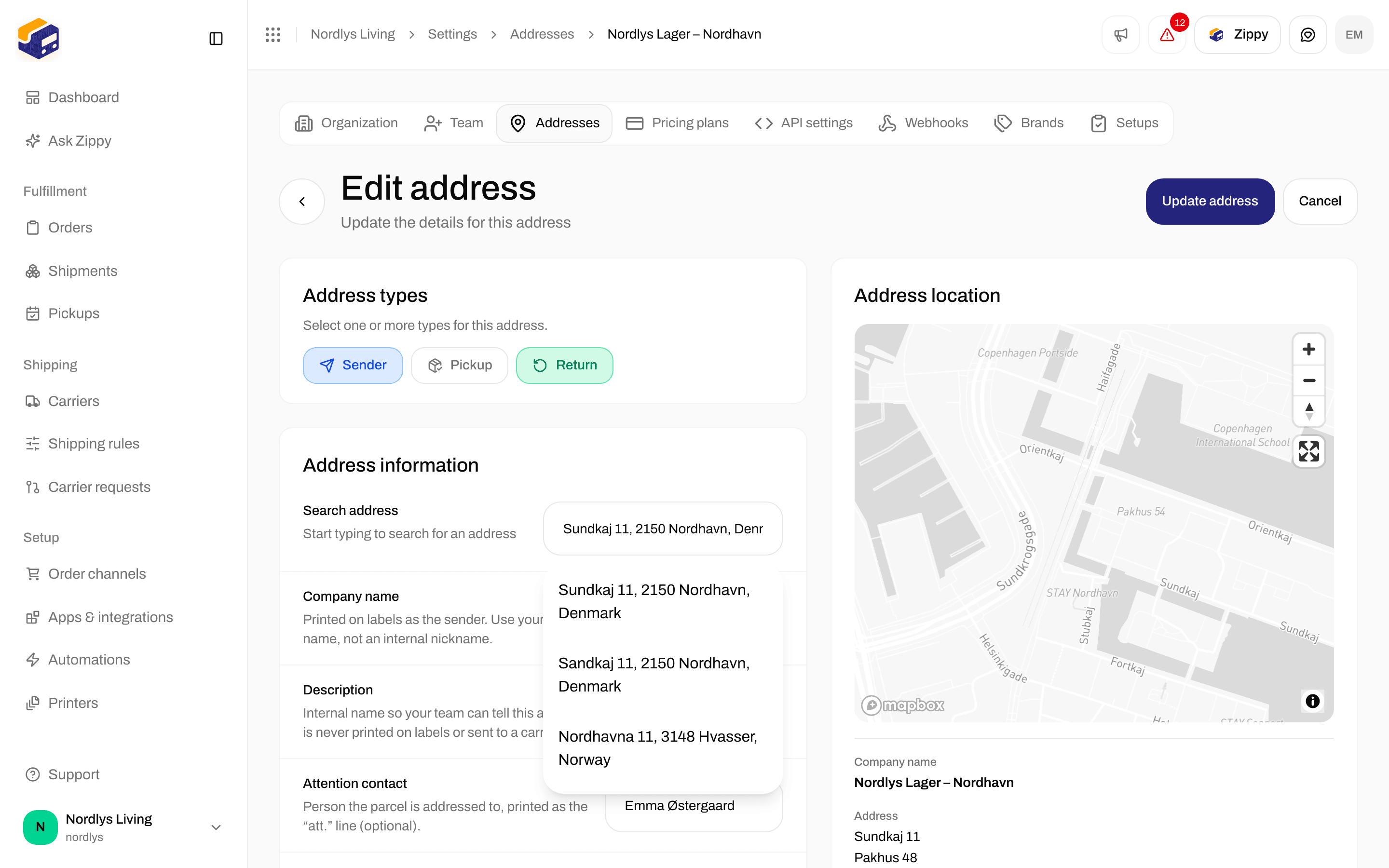 Edit address with the Address types Sender, Pickup and Return, with Return ticked