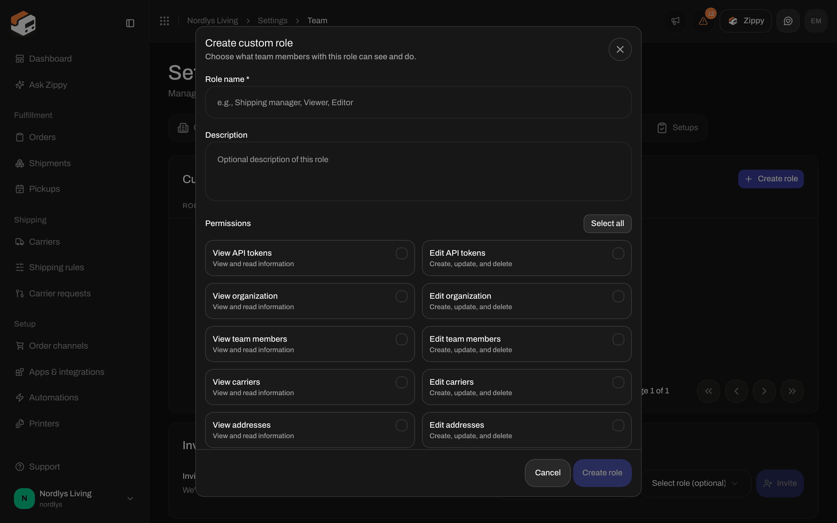 Create custom role window with Role name, Description and permission checkboxes