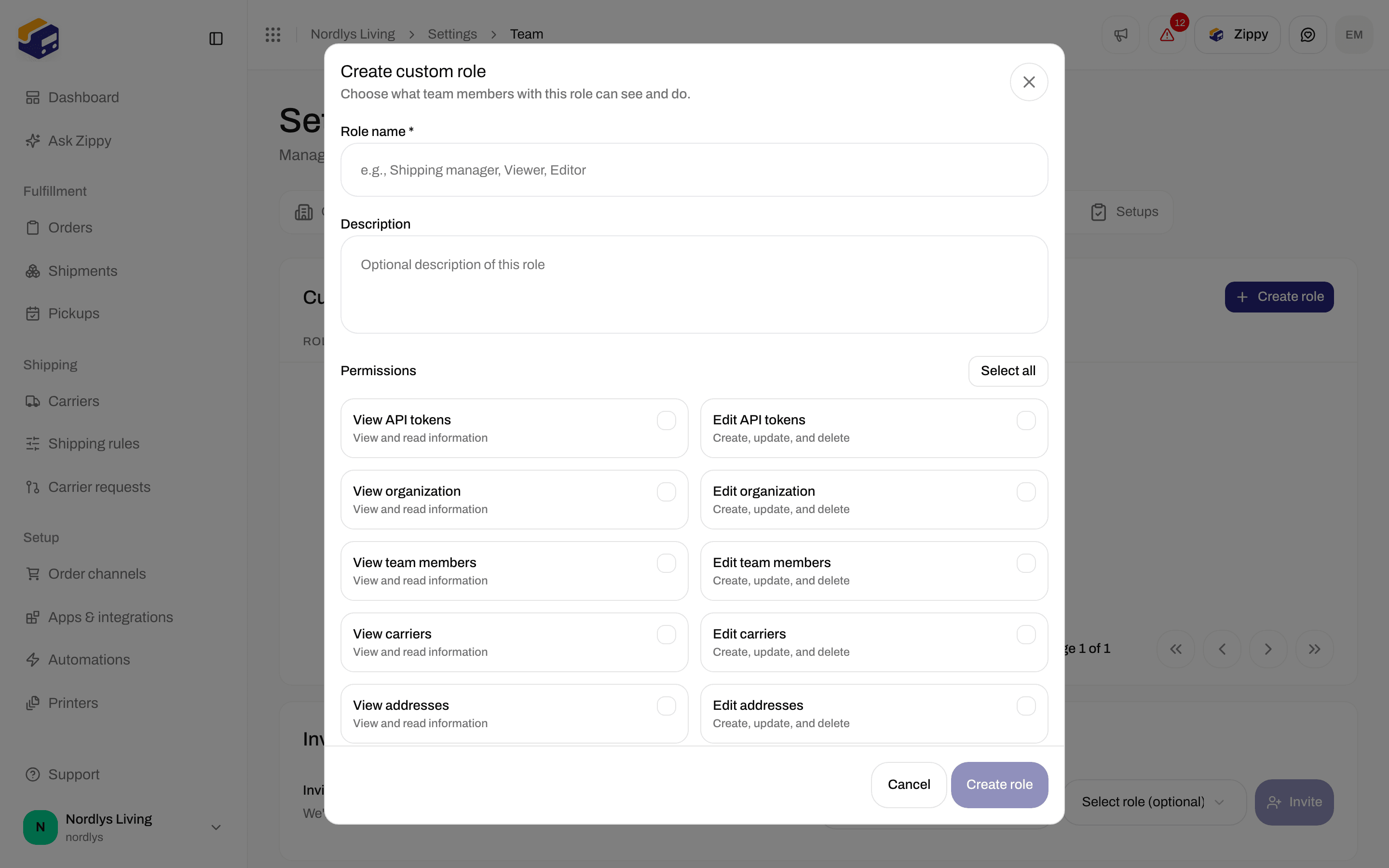 Create custom role window with Role name, Description and permission checkboxes