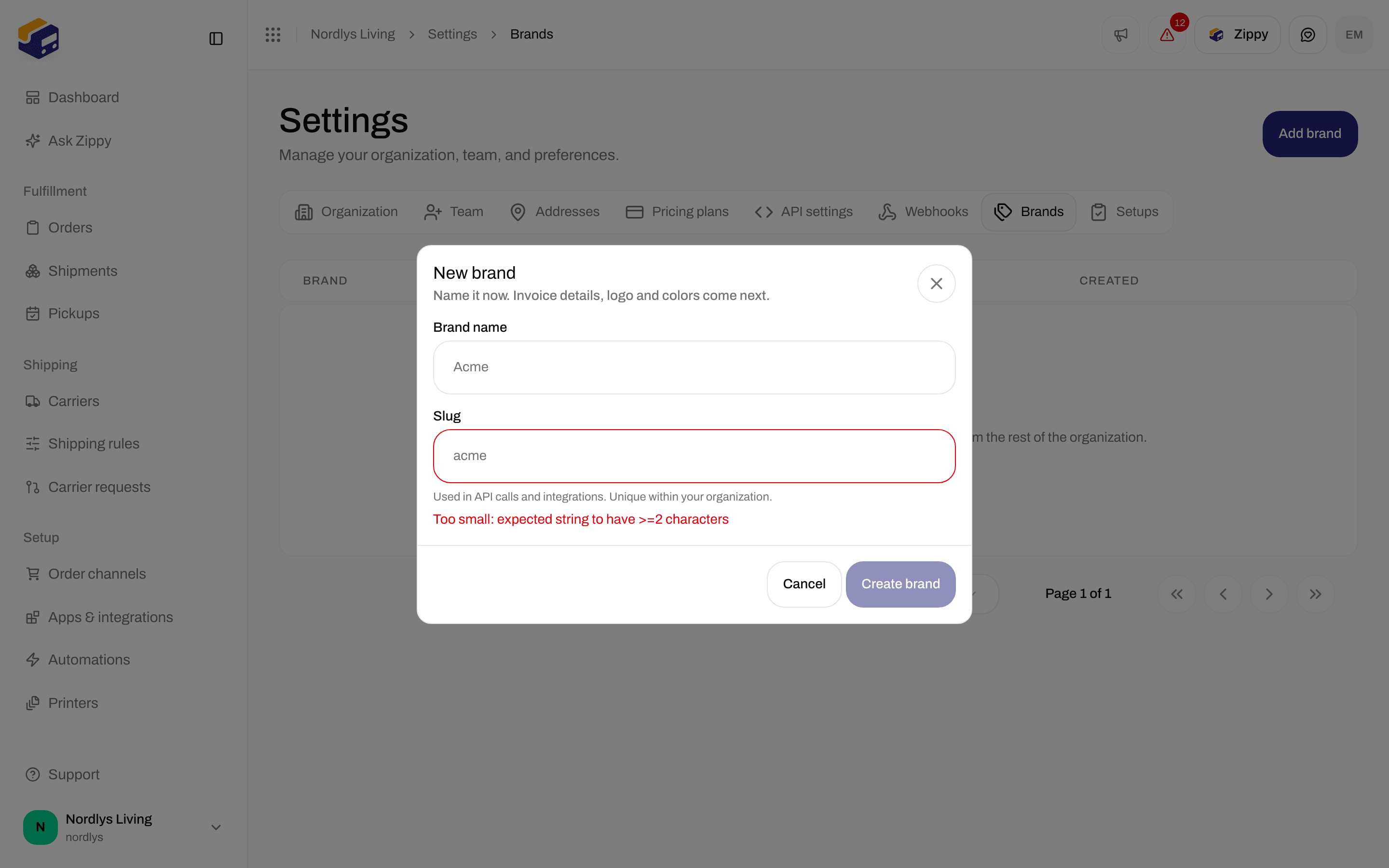 New brand window with Brand name and Slug fields
