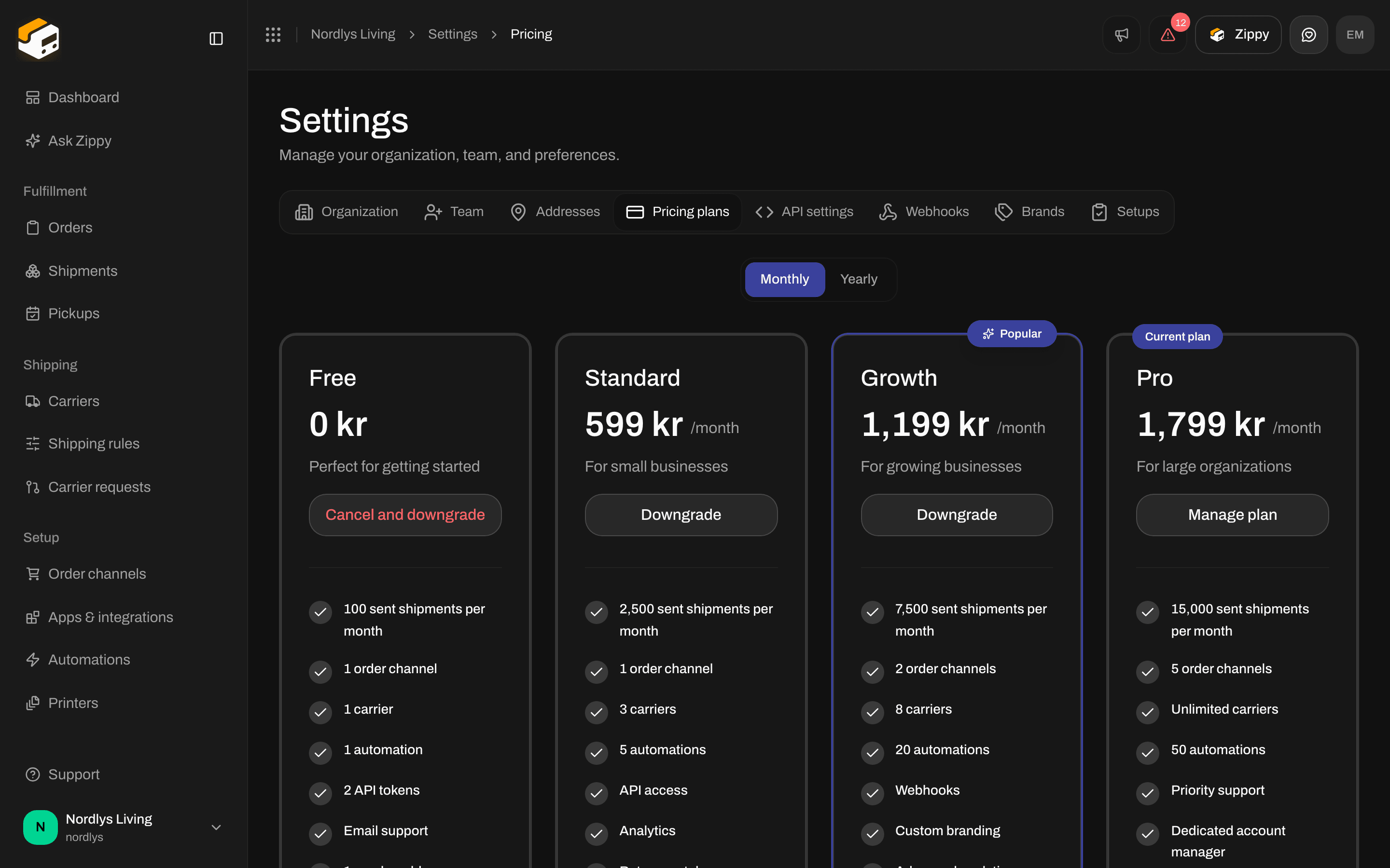 Pricing plans with Monthly selected and Pro marked Current plan