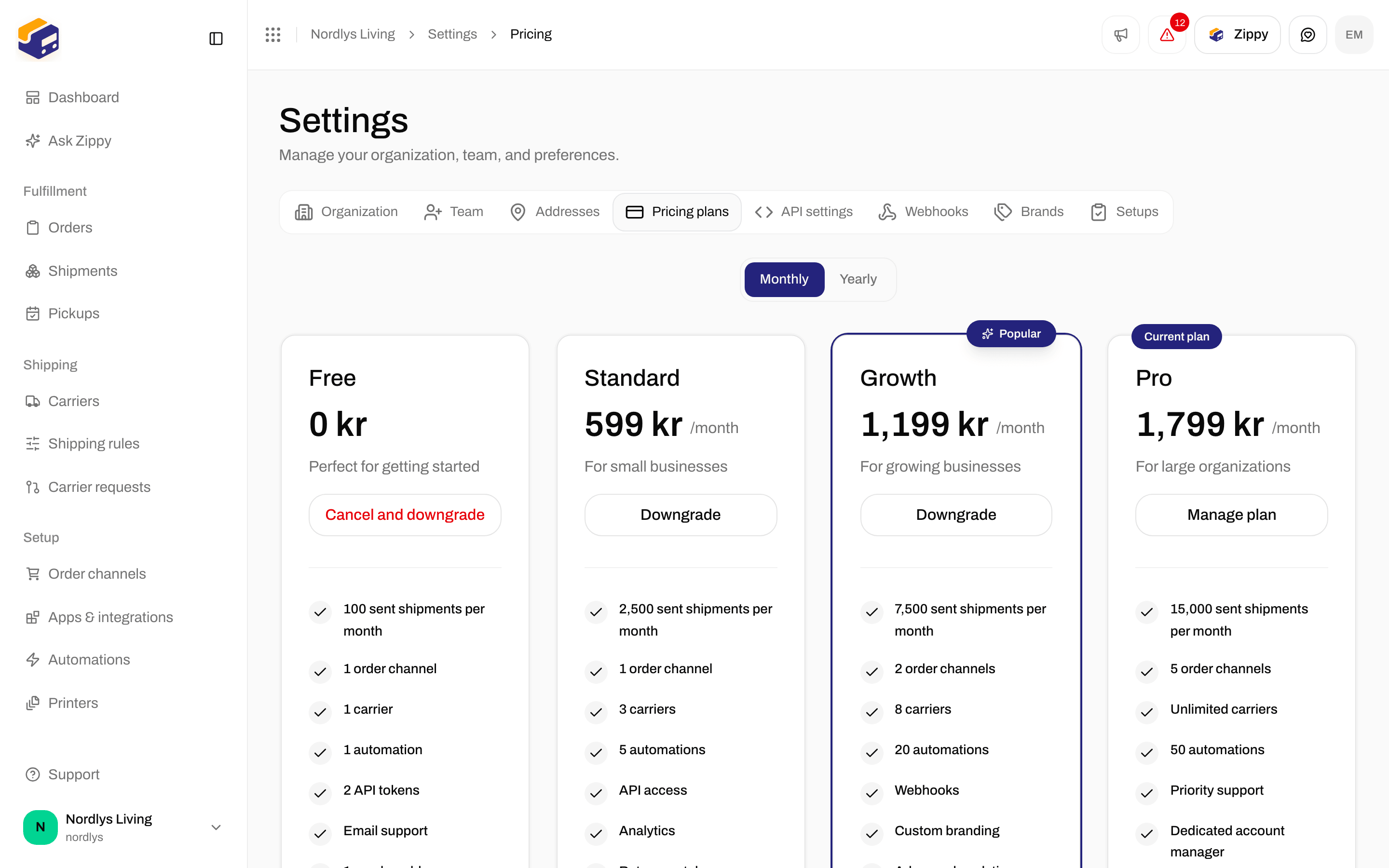 Pricing plans with Monthly selected and Pro marked Current plan