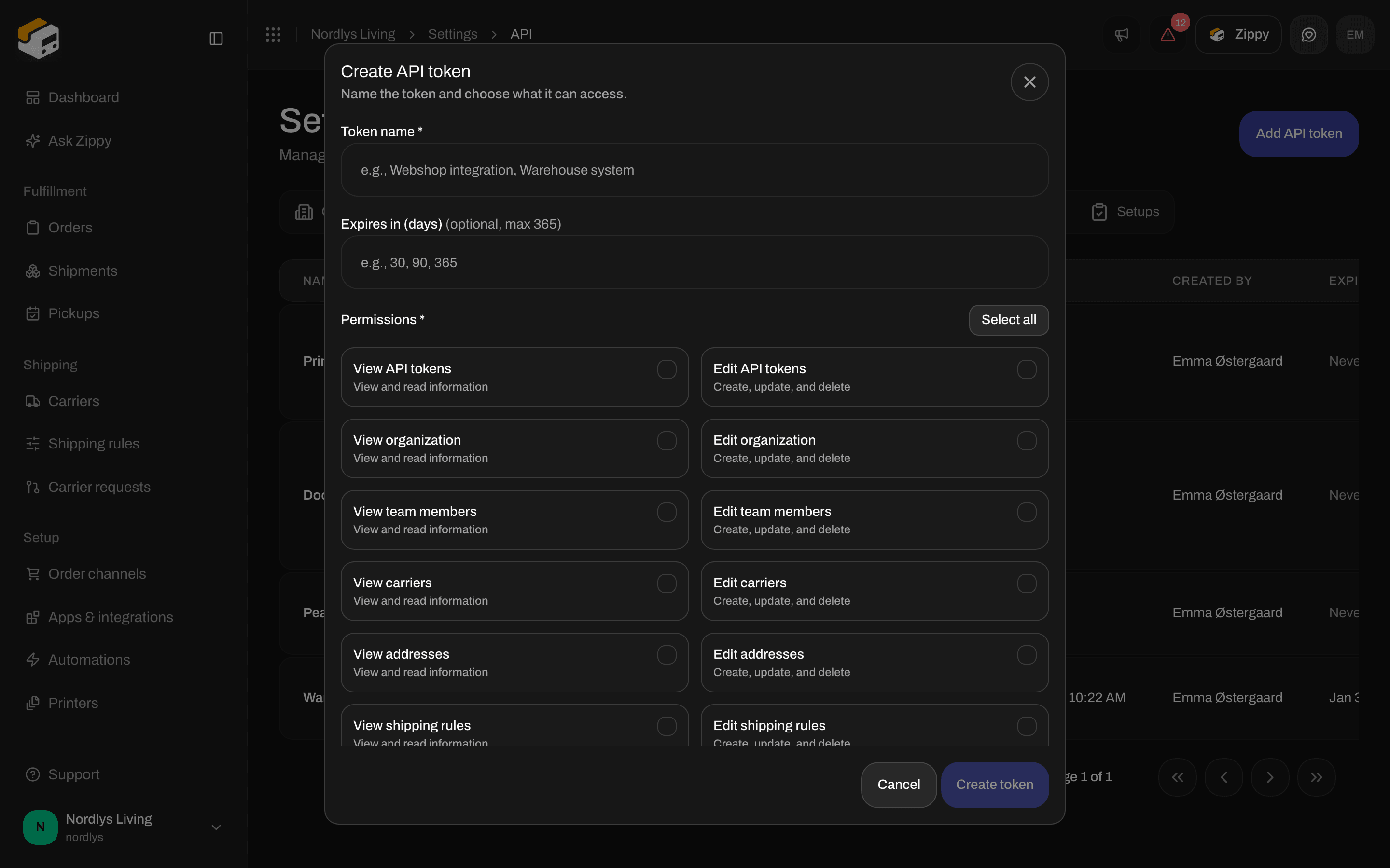 Create API token window with Token name, Expires in (days) and permission checkboxes