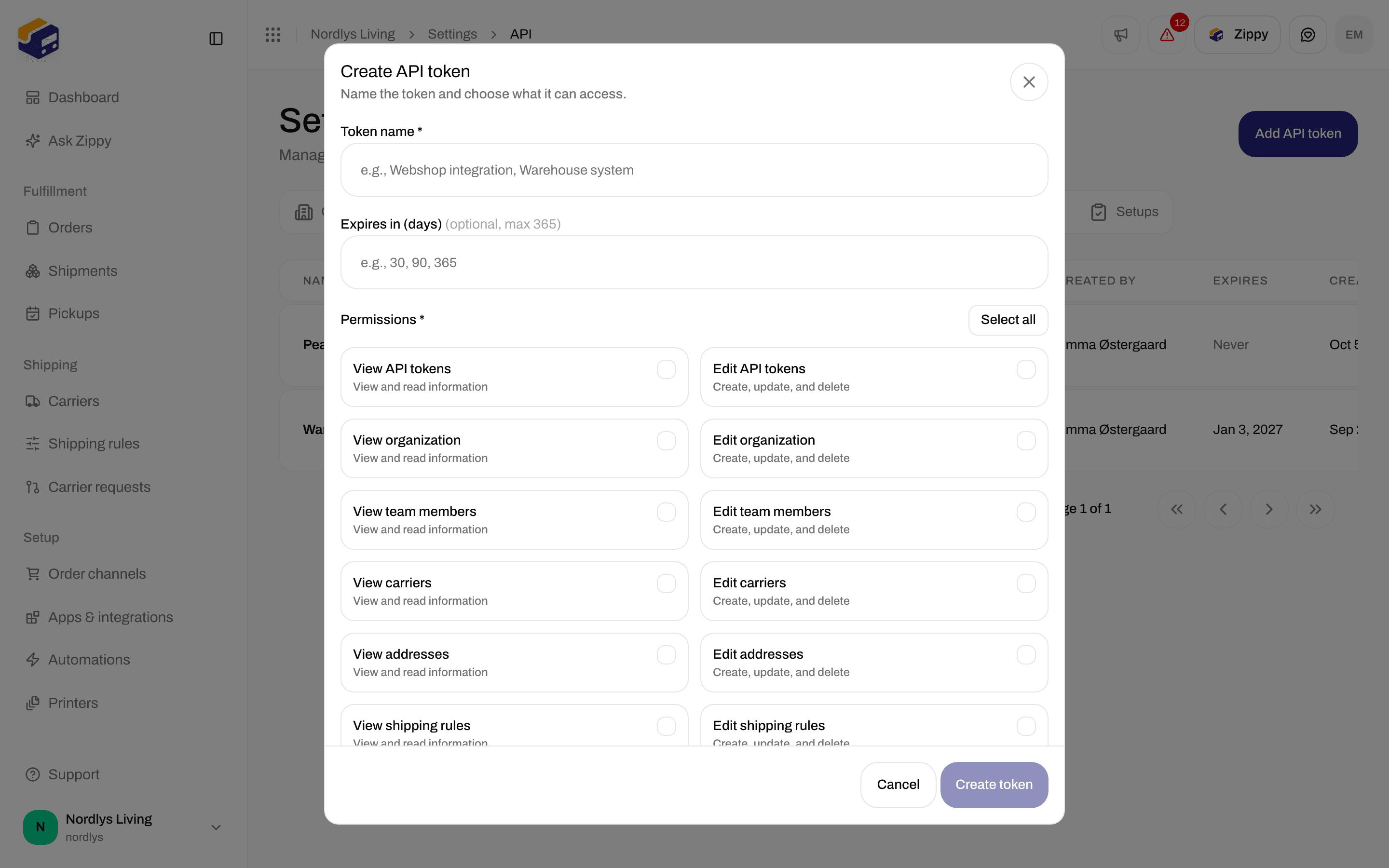 Create API token window with Token name, Expires in (days) and permission checkboxes