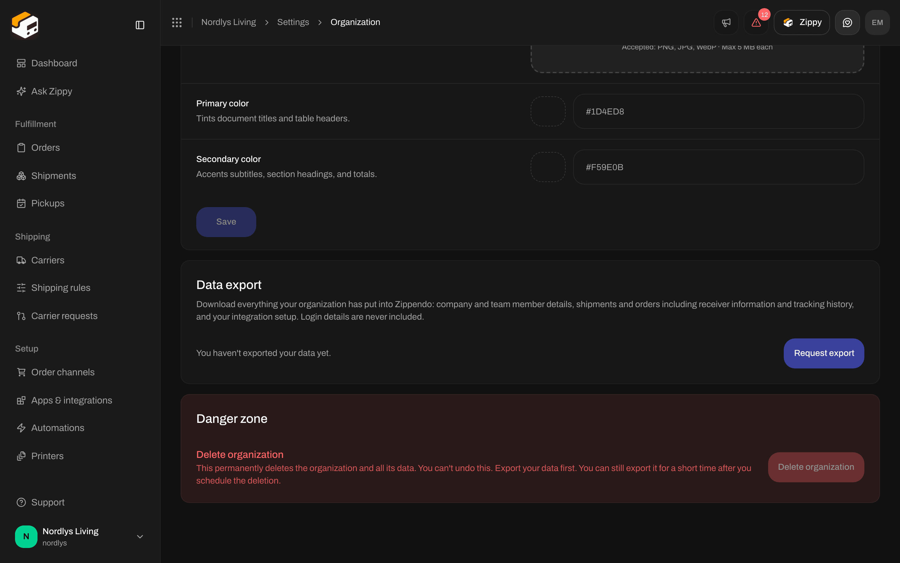 Organization tab scrolled to the branding colors, Data export with Request export, and the Danger zone with a grayed-out Delete organization button