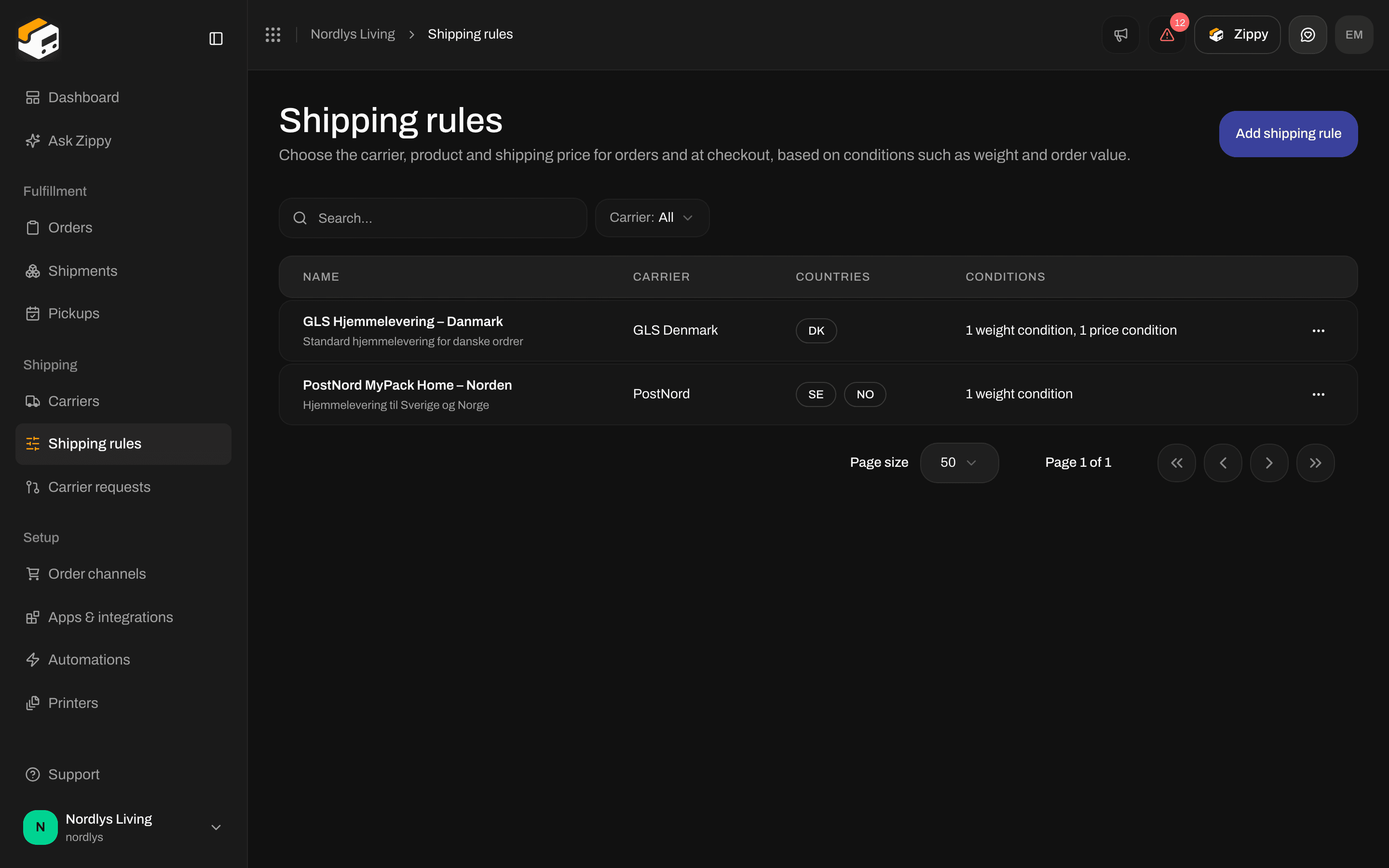 Shipping rules list showing GLS Hjemmelevering for Denmark and PostNord MyPack Home for Sweden and Norway