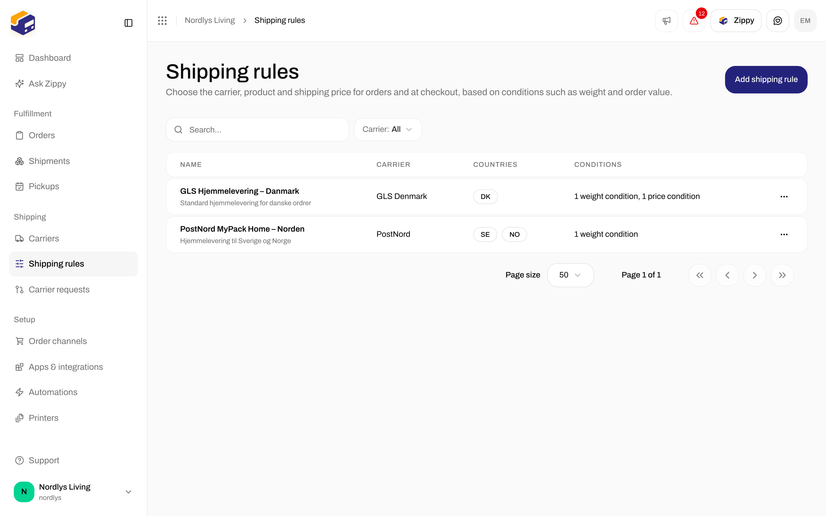 Shipping rules list showing GLS Hjemmelevering for Denmark and PostNord MyPack Home for Sweden and Norway
